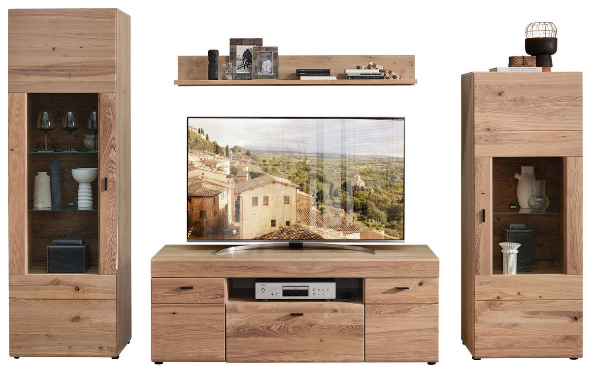 WOHNWAND  in Eschefarben, Eiche Artisan 305/194/49 cm  - Eschefarben/Schwarz, Design, Glas/Holz (305/194/49cm) - Linea Natura