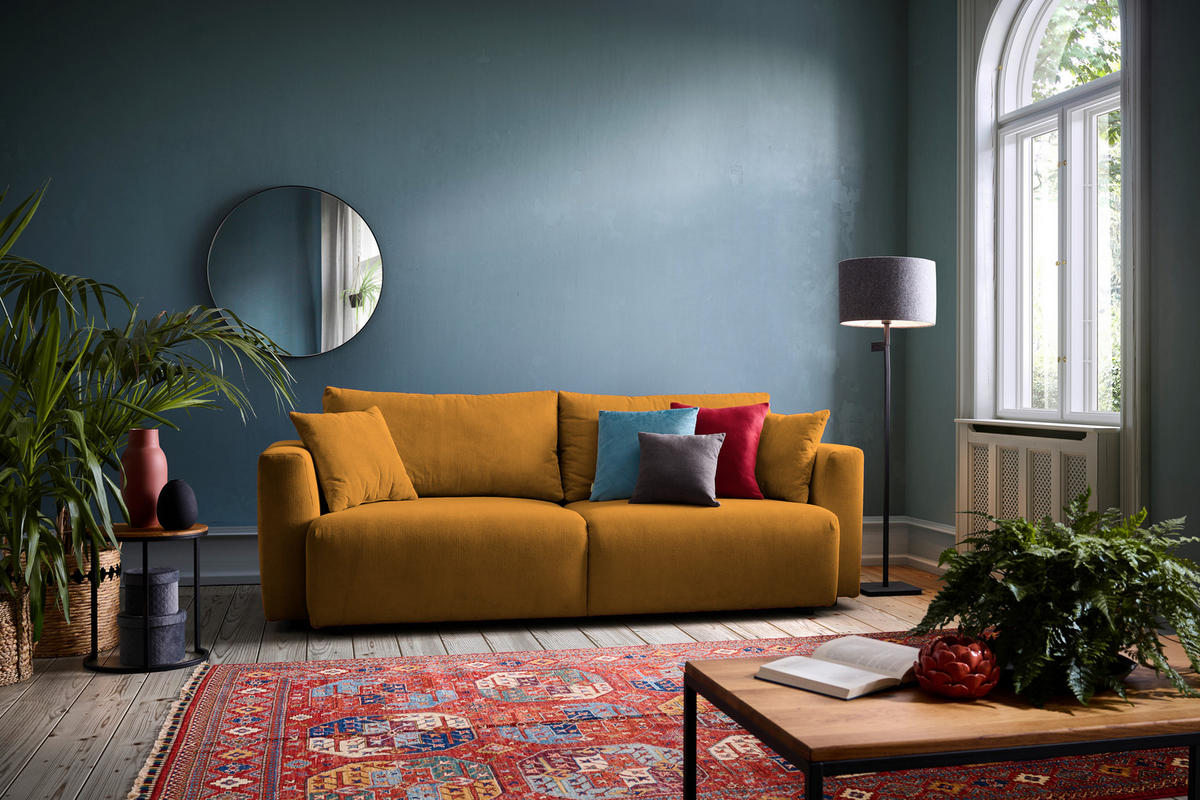 SCHLAFSOFA  mit Stoffauswahl, Schlafen auf Sitzhöhe, Rücken echt Cord Currygelb  - Currygelb/Schwarz, Design, Kunststoff/Textil (250/92/105cm) - Carryhome