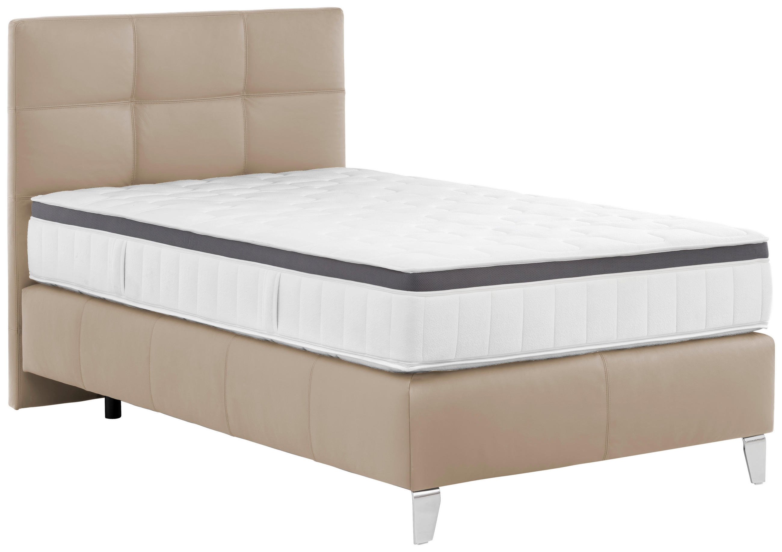 BOXSPRINGBETT 120/200 cm,  in Naturfarben, Matratze, gepolstertes Kopfteil, Topper, H4 = sehr fest  - Chromfarben/Naturfarben, KONVENTIONELL, Leder/Textil (120/200cm) - Novel