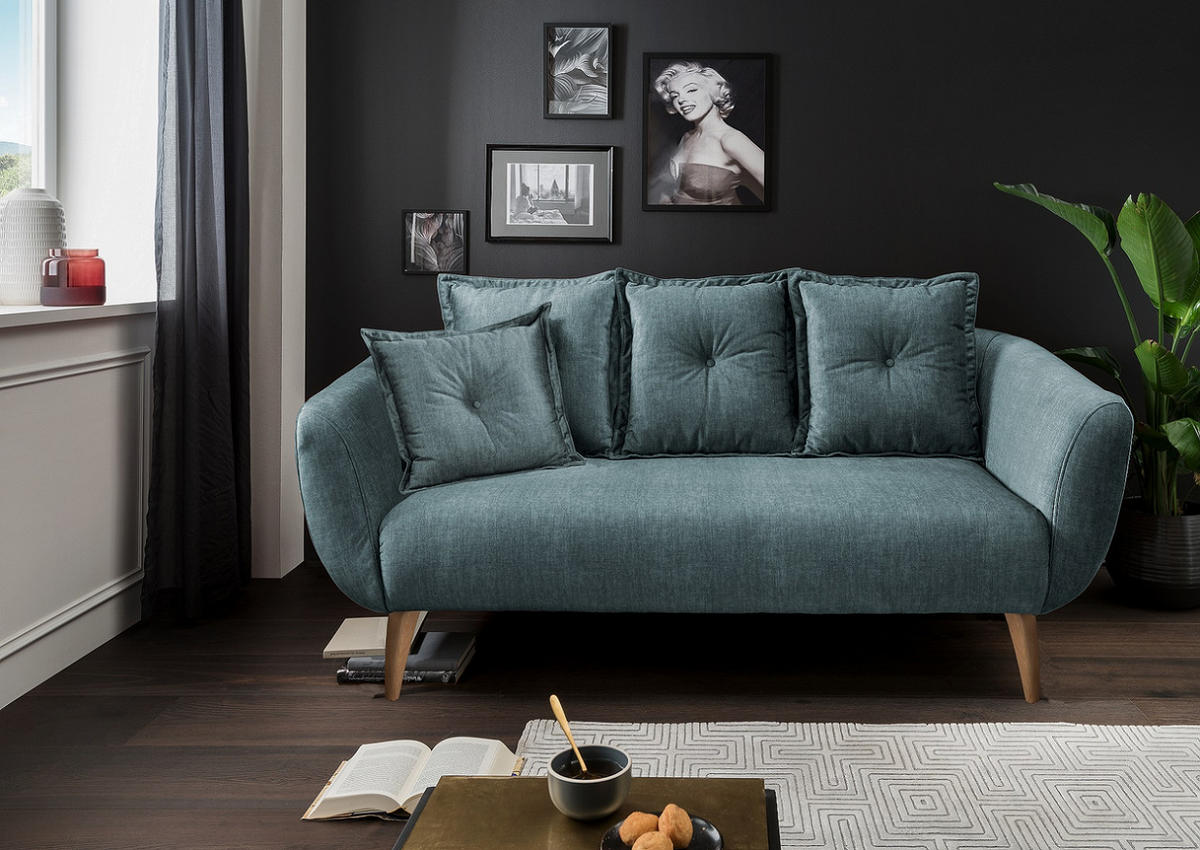 2,5-SITZER in Velours Blau  - Blau/Buchefarben, Modern, Holz/Textil (196/94/103cm) - Livetastic