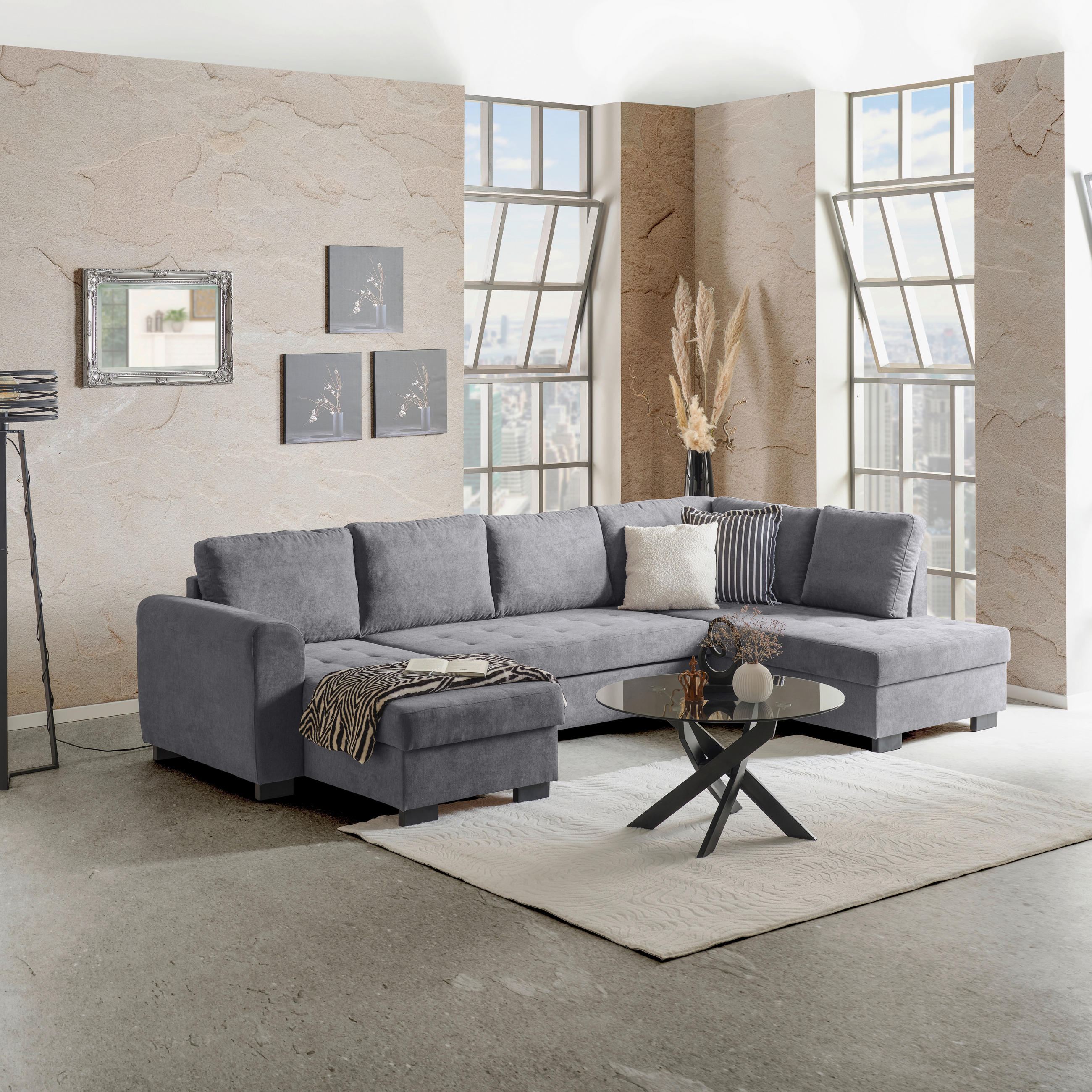 WOHNLANDSCHAFT Grau Mikrofaser  - Schwarz/Grau, MODERN, Kunststoff/Textil (155/305/178cm) - P & B