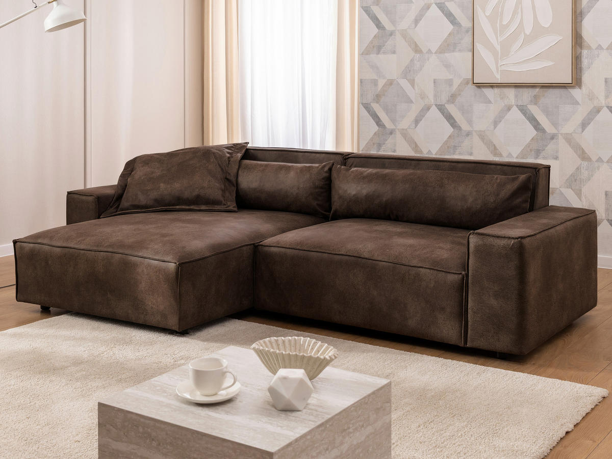 ECKSOFA Curduroy in Lederlook Braun Rückenkissen  251/142 cm  - Schwarz/Braun, Design, Kunststoff/Textil (251/142cm) - P & B