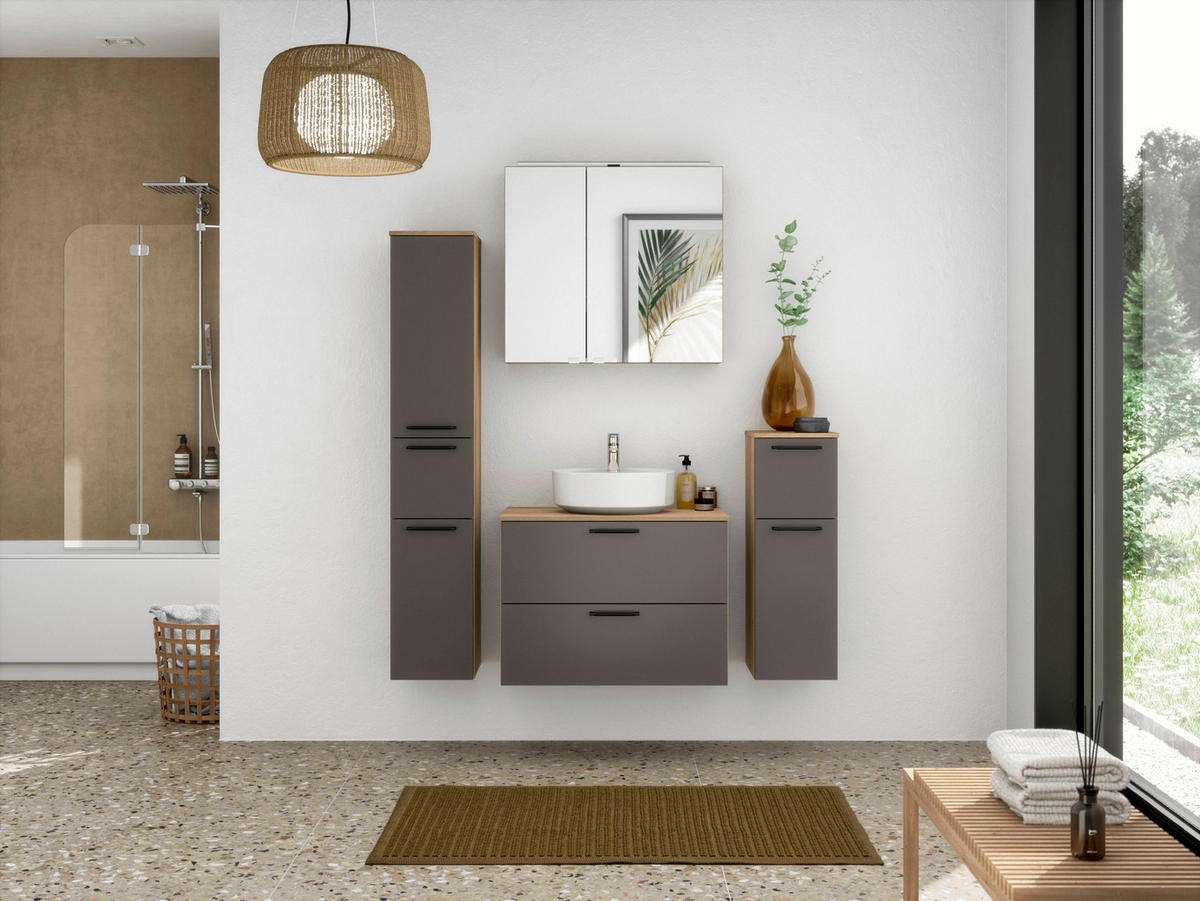BADEZIMMER 3-teilig  in 81 cm  - Edelstahlfarben/Weiß Hochglanz, MODERN, Holzwerkstoff/Stein (81cm) - Nobilia