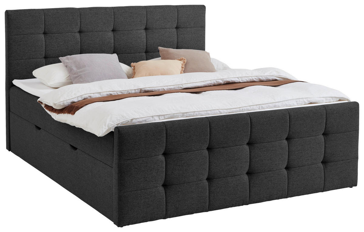 BOXBETT 180/200 cm,  in Schwarz, Matratze, gepolstertes Kopfteil, Bettkasten, Topper, H3 = fest  - Schwarz, Basics, Textil (180/200cm) - Boxxx