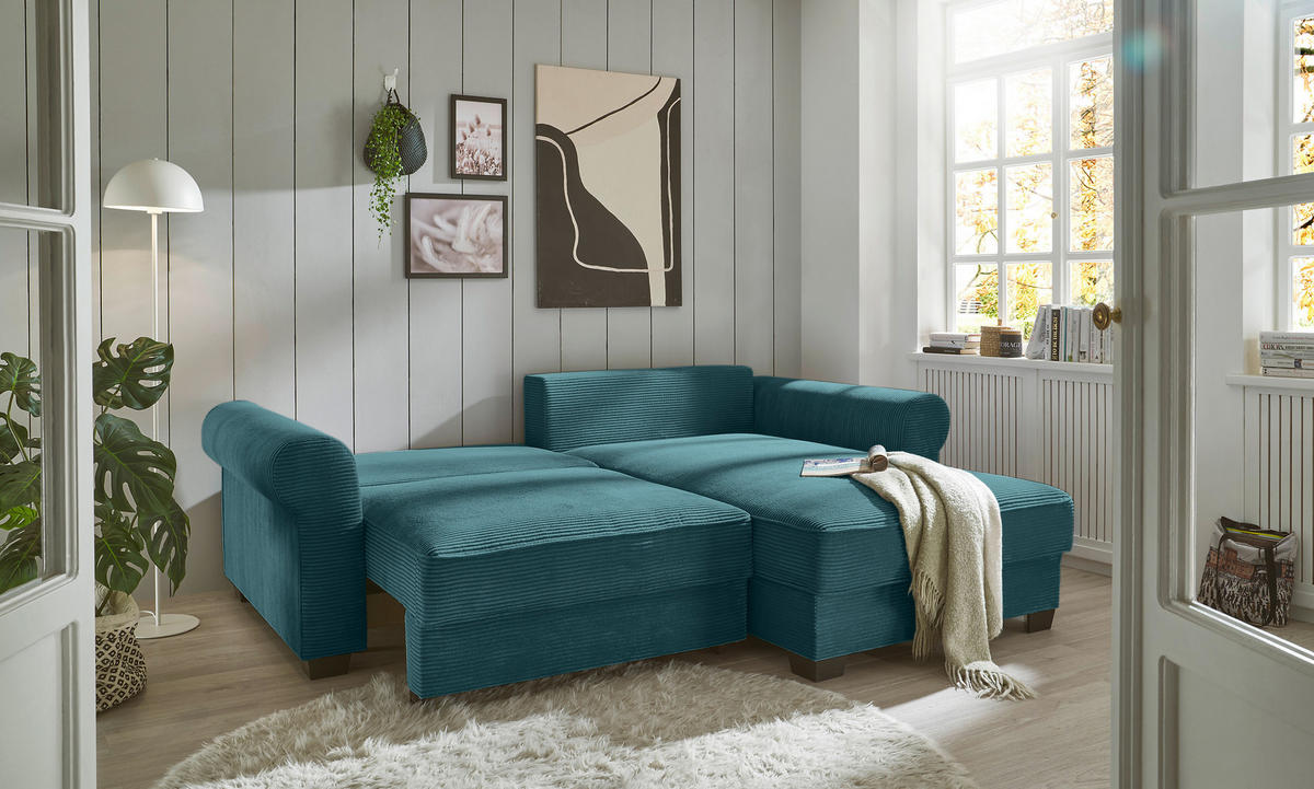 ECKSOFA - Azurblau/Schwarz, KONVENTIONELL, Kunststoff/Textil (255/185cm) - Hom`in