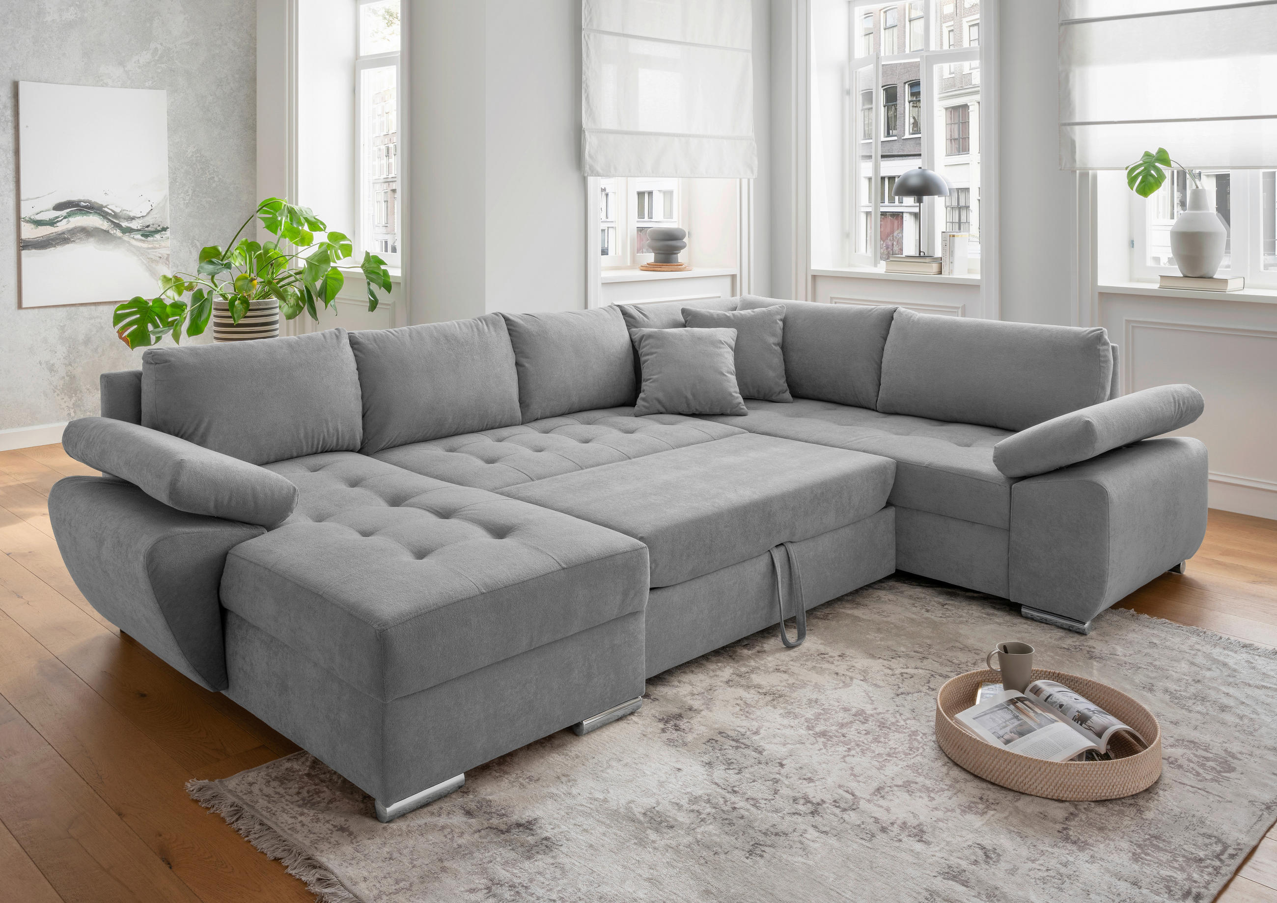 WOHNLANDSCHAFT Silberfarben Mikrofaser  - Chromfarben/Silberfarben, KONVENTIONELL, Textil/Metall (157/305/219cm) - Livetastic