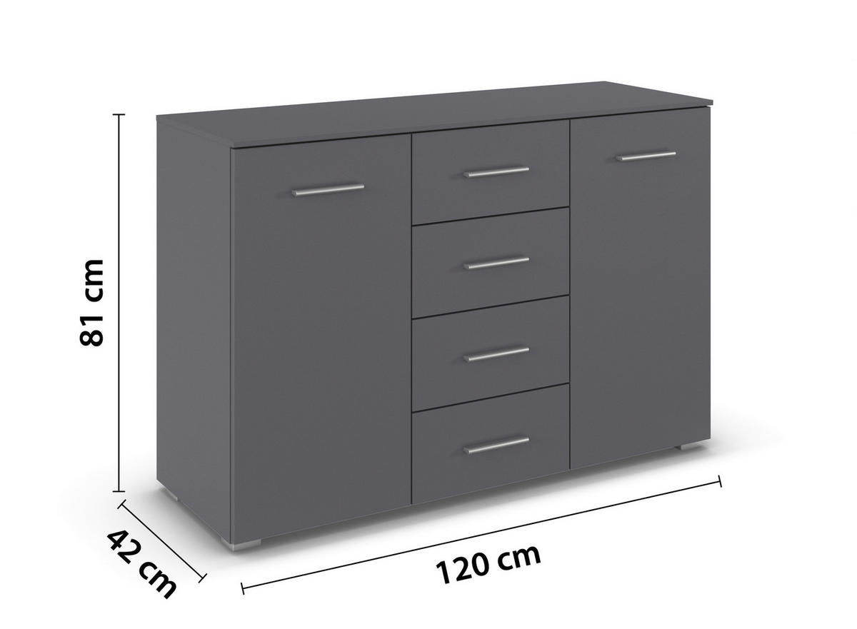 KOMMODE , 120/81/42 cm, 4 Schublade(n)  - Silberfarben/Grau, KONVENTIONELL, Holzwerkstoff/Kunststoff (120/81/42cm) - home24