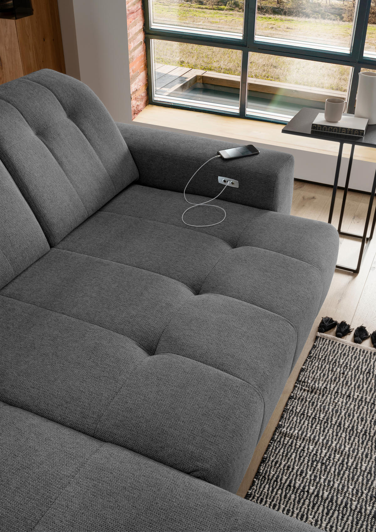 ECKSOFA in Chenille Anthrazit  - Anthrazit/Schwarz, Modern, Textil/Metall (180/258cm) - Livetastic