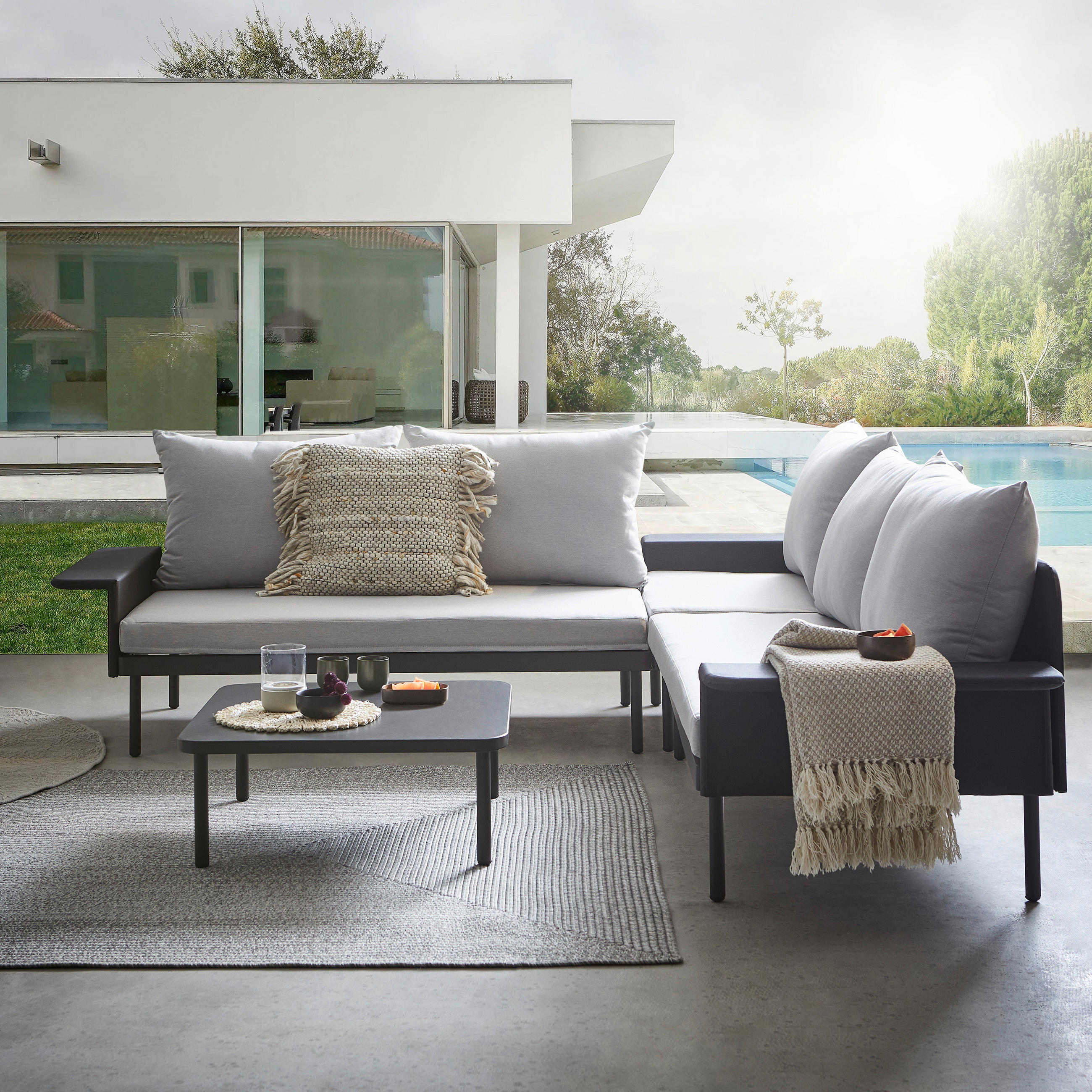 LOUNGEGARNITUR Aluminium  - Anthrazit/Hellgrau, MODERN, Textil/Metall - Ambia Garden