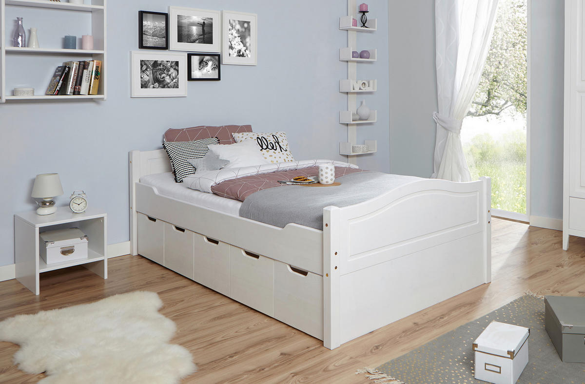 STAURAUMBETT 120/200 cm  in Weiß  - Weiß/Naturfarben, MODERN, Holz (120/200cm) - MID.YOU