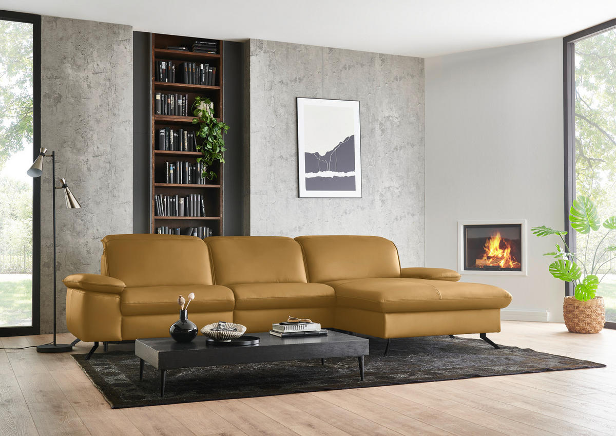 ECKSOFA  Echtleder Currygelb  - Currygelb/Schwarz, Design, Leder/Metall (307/169cm) - Beldomo Premium