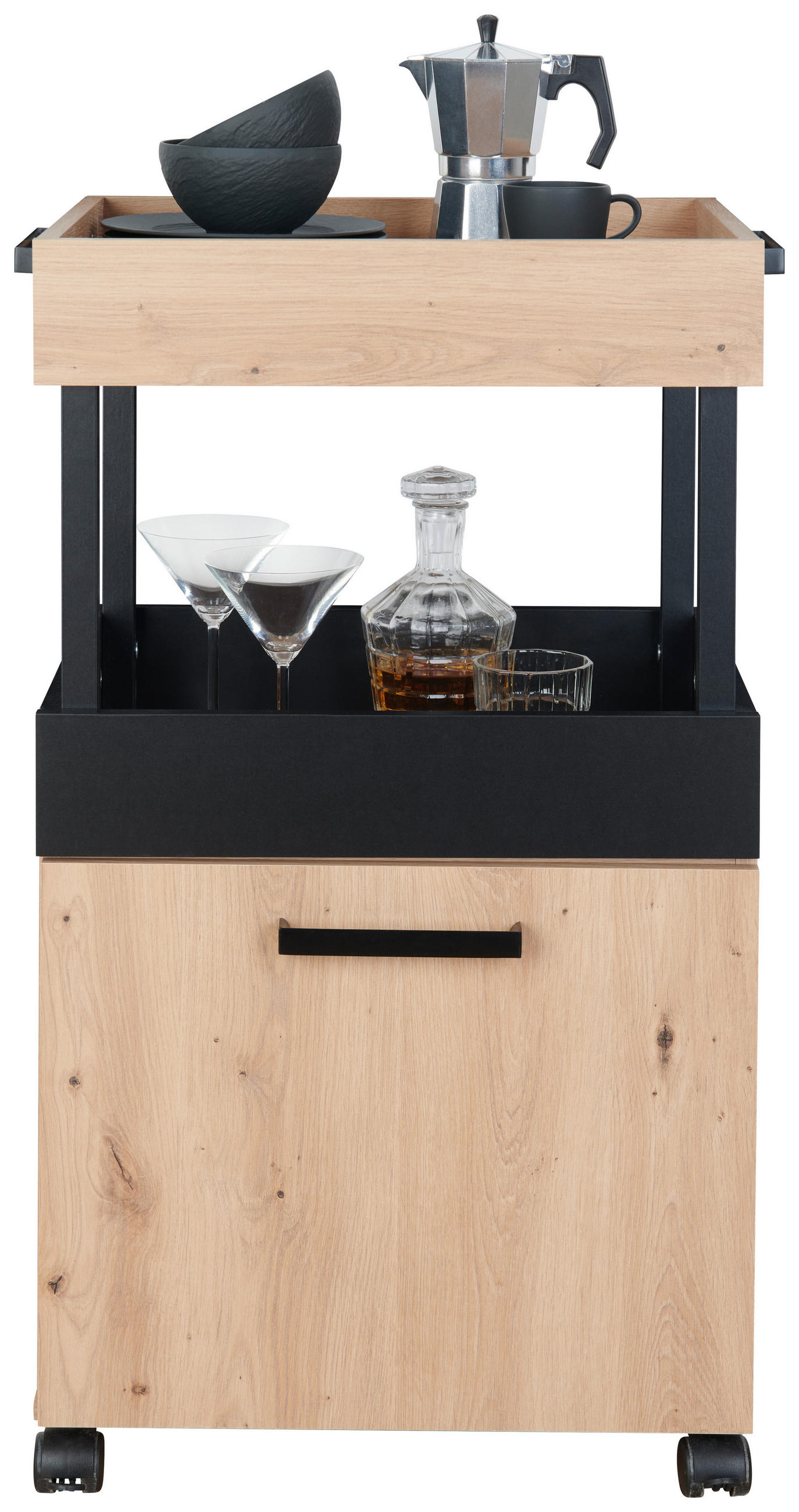 TÁLALÓKOCSI Fekete, Tölgyfa - Tölgyfa/Fekete, Modern, Faalapú anyag/Fém (50/88/41cm) - Carryhome