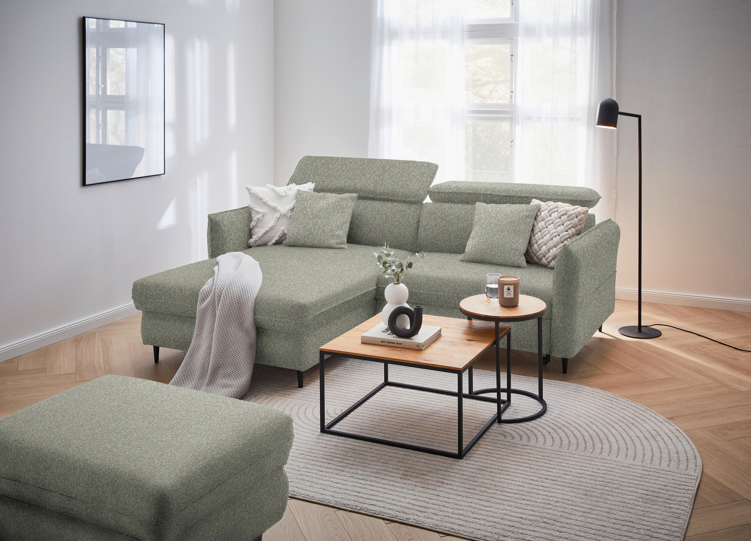 ECKSOFA Grün, Hellgrau Struktur  - Hellgrau/Schwarz, Design, Holz/Textil (185/232cm) - Stylife
