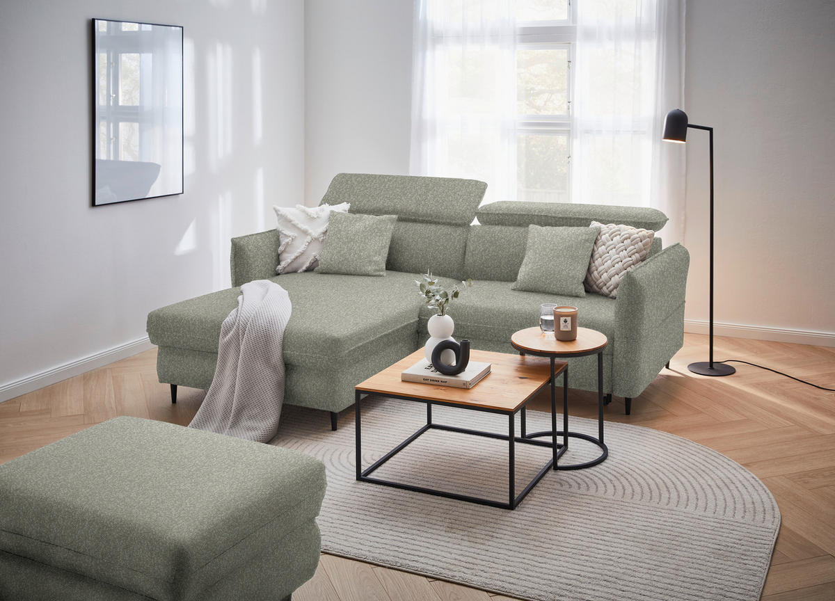 ECKSOFA inkl. Funktionen Grün, Hellgrau Struktur  - Hellgrau/Schwarz, Design, Holz/Textil (185/232cm) - Stylife