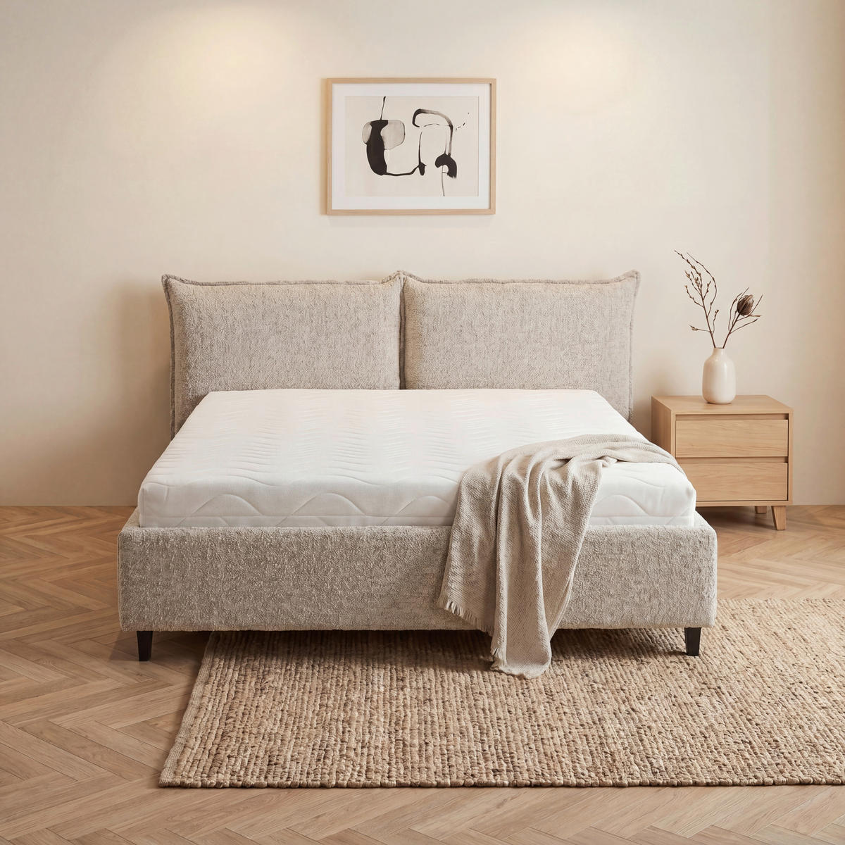 POLSTERBETT gepolstertes Kopfteil, Lattenrost, Bettkasten Naturfarben 180/200 cm  - Schwarz/Naturfarben, MODERN, Holz/Textil (180/200cm) - Livetastic