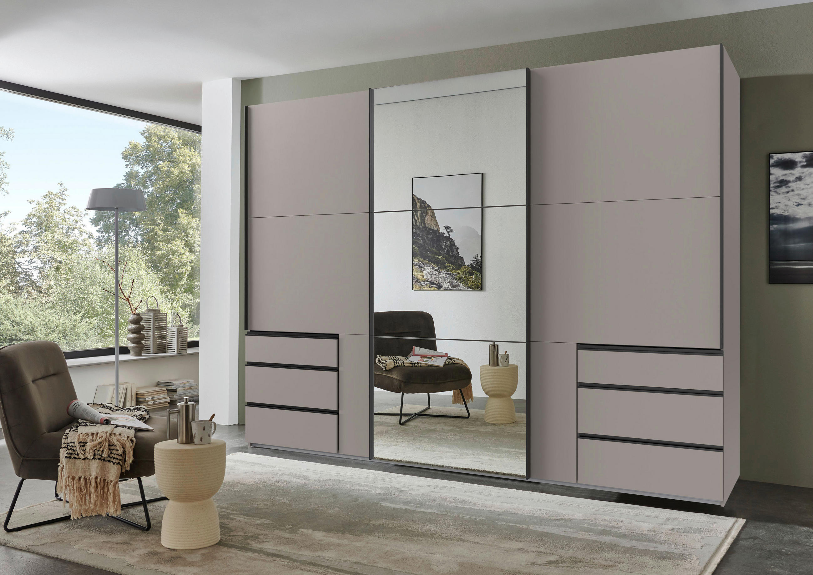 SCHWEBETÜRENSCHRANK 300/216/65 cm 3-türig Sahara  - Schwarz/Sahara, MODERN, Glas/Holzwerkstoff (300/216/65cm) - MID.YOU