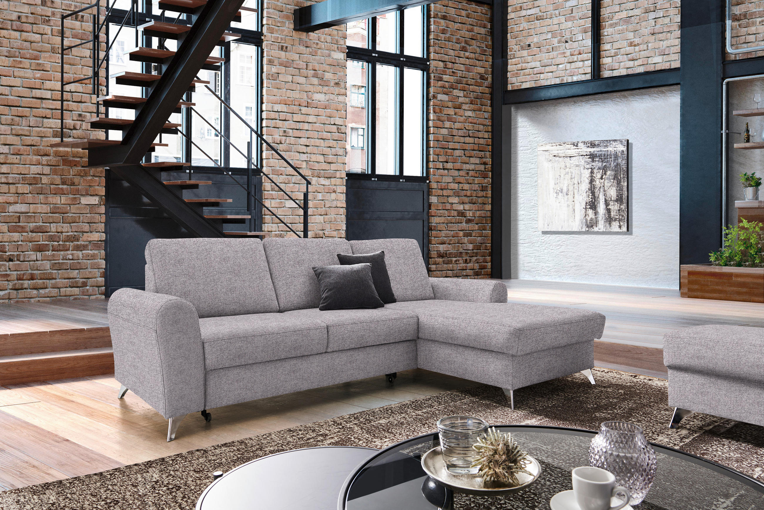 ECKSOFA Grau, Flieder Flachgewebe  - Silberfarben/Flieder, Design, Textil/Metall (244/167cm) - Cantus