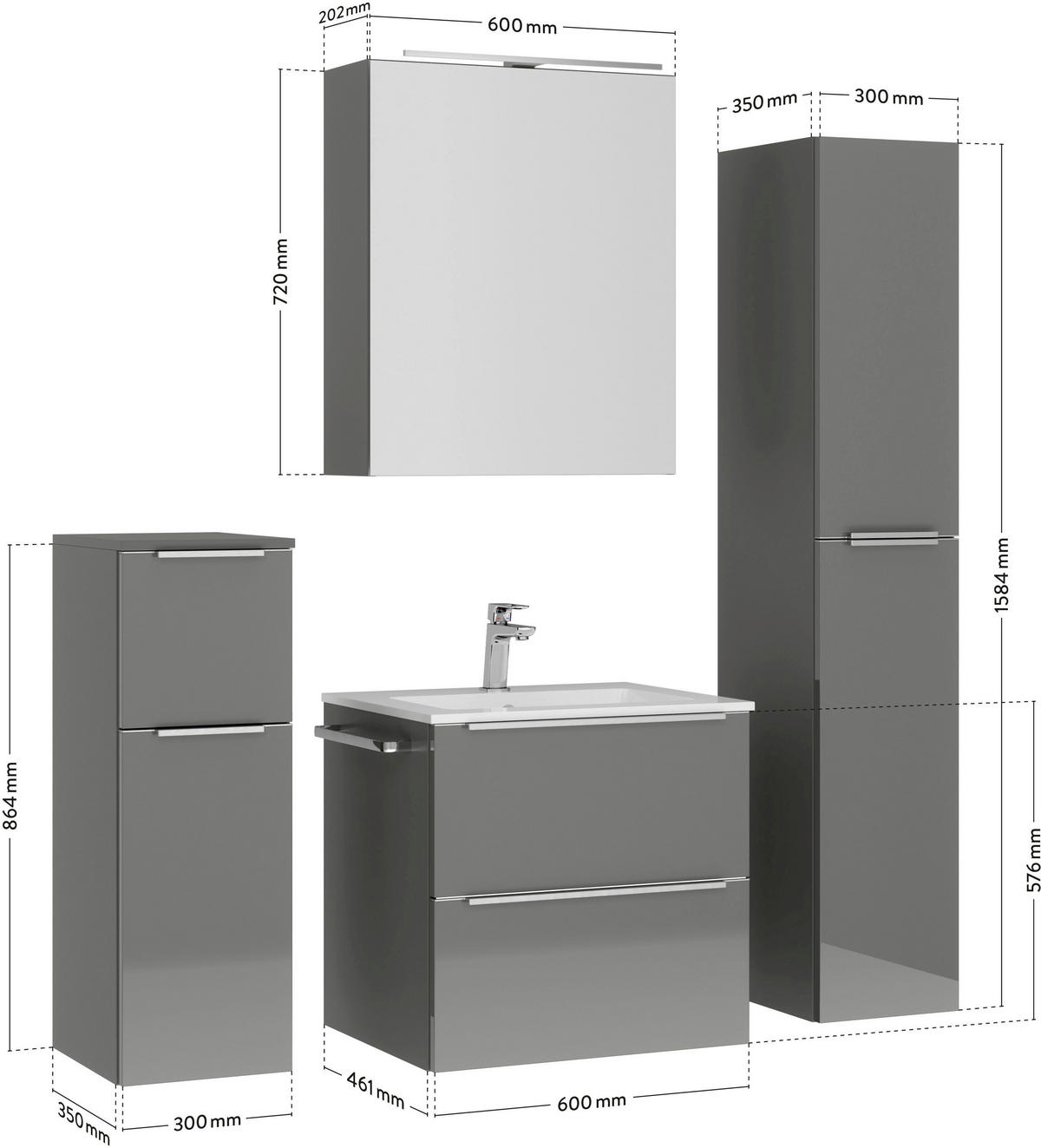 BADEZIMMER 5-teilig  in 121 cm  - Schieferfarben/Edelstahlfarben, MODERN, Holzwerkstoff/Stein (121cm) - Nobilia