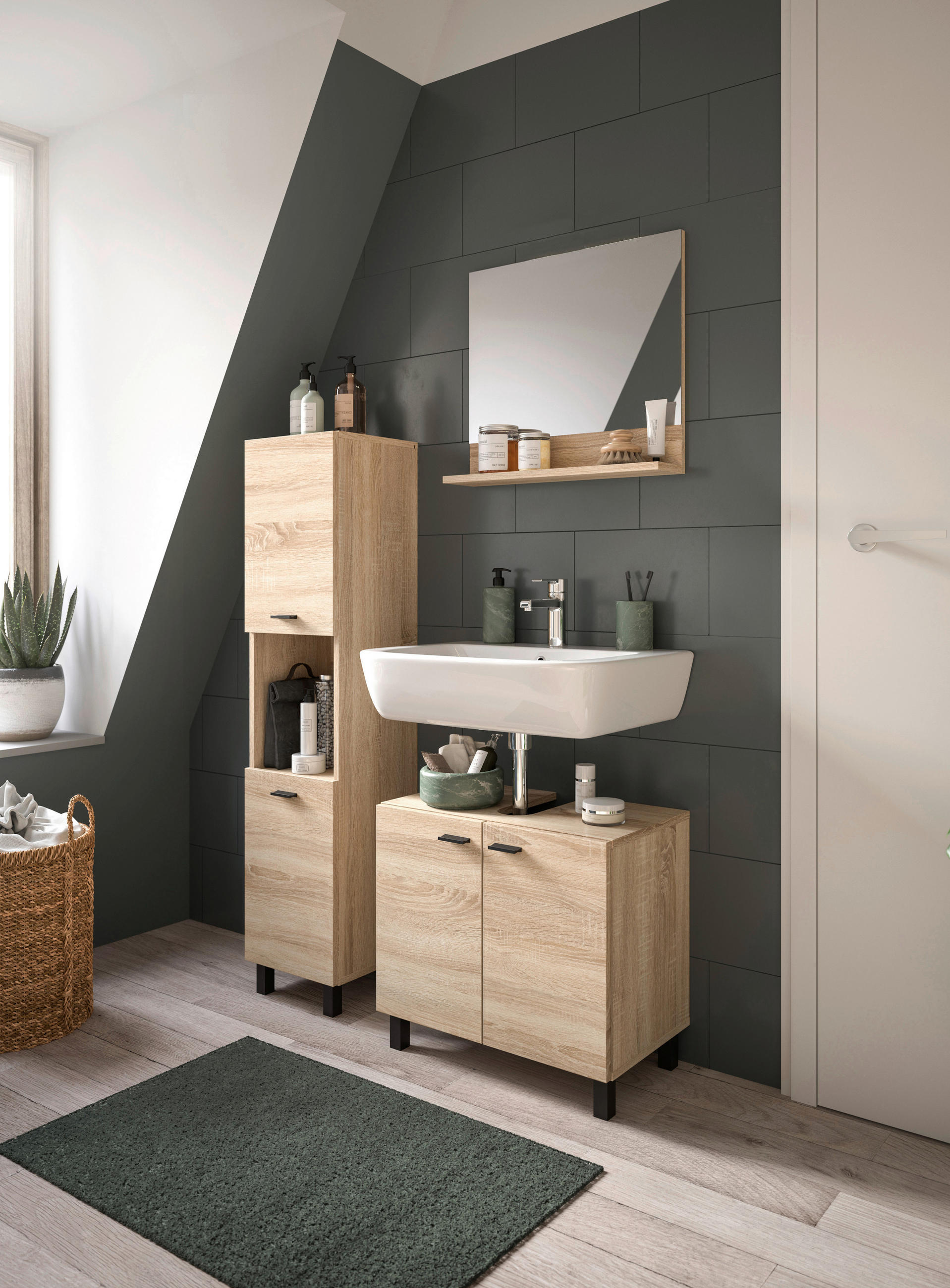 BADEZIMMER 3-teilig  in 87 cm  - Schwarz/Sonoma Eiche, MODERN, Glas/Holzwerkstoff (87cm) - MID.YOU