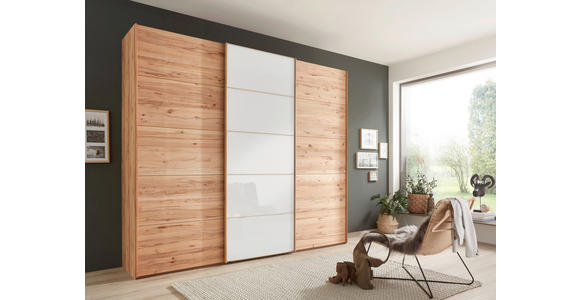 SCHWEBETÜRENSCHRANK 250/236/67 cm 3-türig Weiß, Buchefarben - Buchefarben/Weiß, Natur, Glas/Holz (250/236/67cm) - Linea Natura