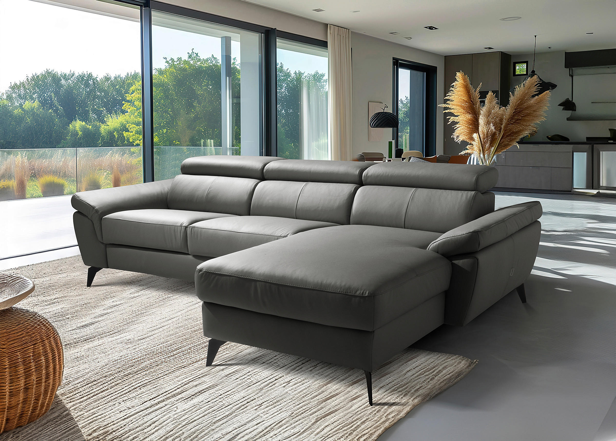 ECKSOFA  in Lederlook Echtleder Anthrazit  - Anthrazit/Schwarz, Design, Leder/Textil (252/179cm) - Livetastic