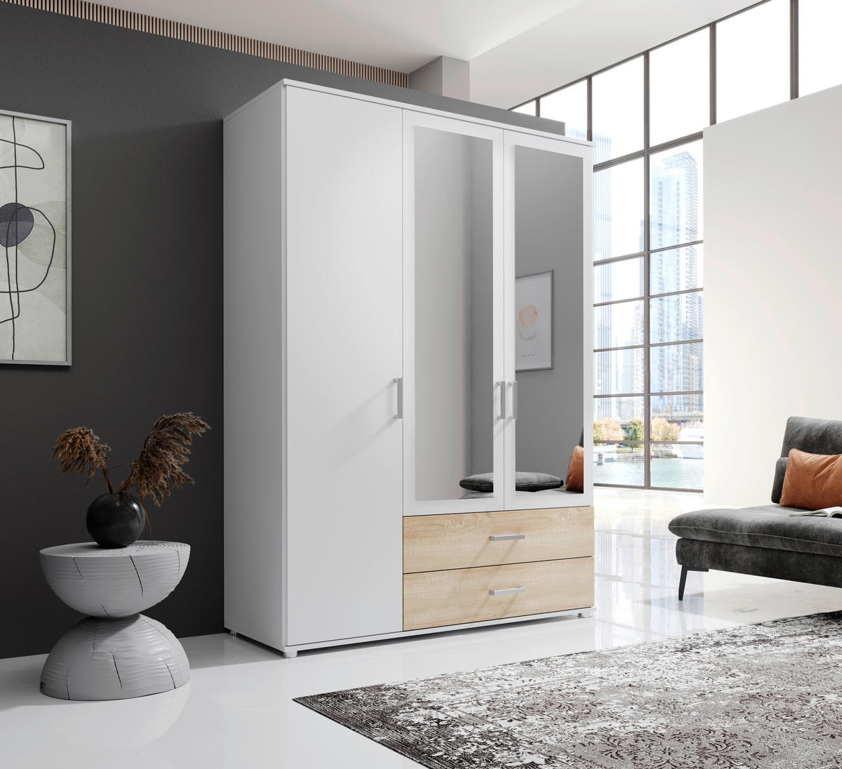 DREHTÜRENSCHRANK  in Weiß, Sonoma Eiche  - Alufarben/Weiß, MODERN, Holzwerkstoff/Kunststoff (125/190/51cm) - MID.YOU