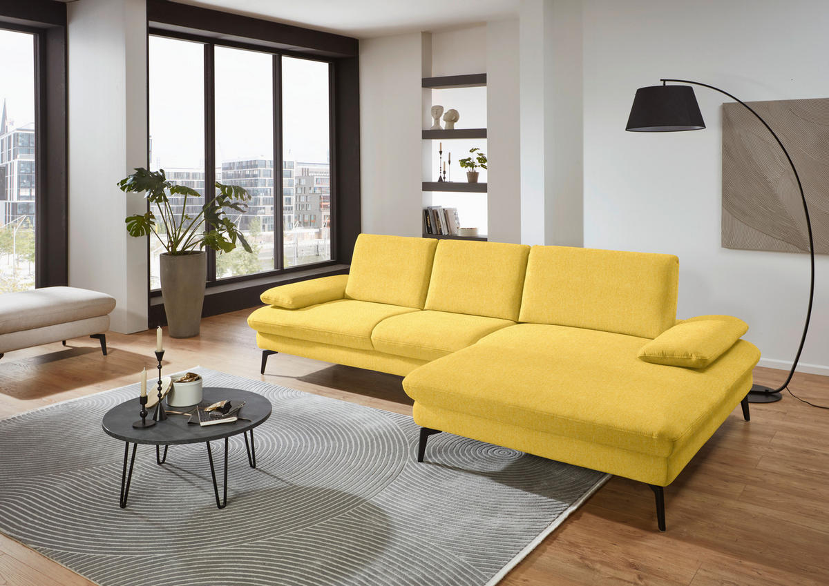 ECKSOFA in Chenille, Mikrofaser Gelb  - Gelb/Schwarz, Design, Textil/Metall (299/157cm) - Dieter Knoll