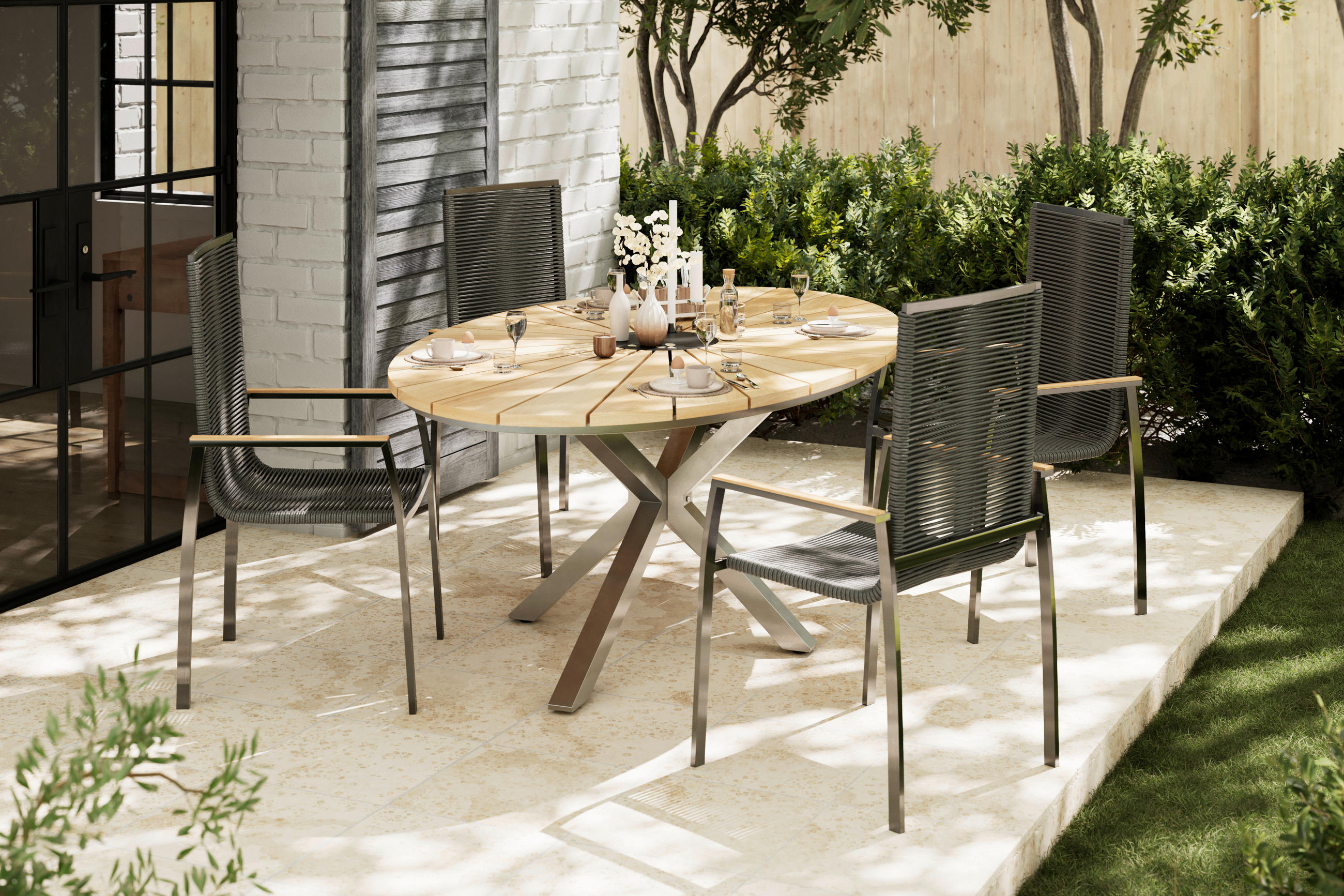 GARTENTISCH Holz, Metall oval  - Edelstahlfarben/Naturfarben, MODERN, Holz/Metall (200/75/120cm) - Ambia Garden