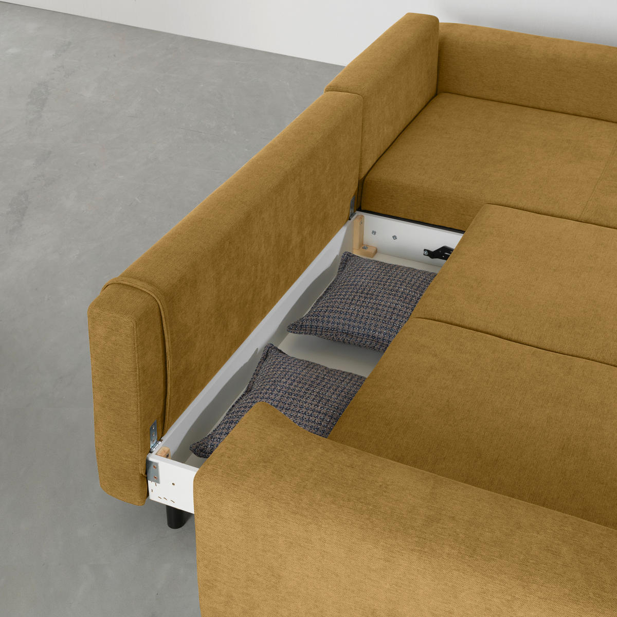 ECKSOFA inkl. Funktionen Senfgelb Webstoff Rückenkissen, Bettkasten, Schlaffunktion, Rücken echt  - Wengefarben/Senfgelb, Design, Holz/Textil (314/211cm) - Stylife