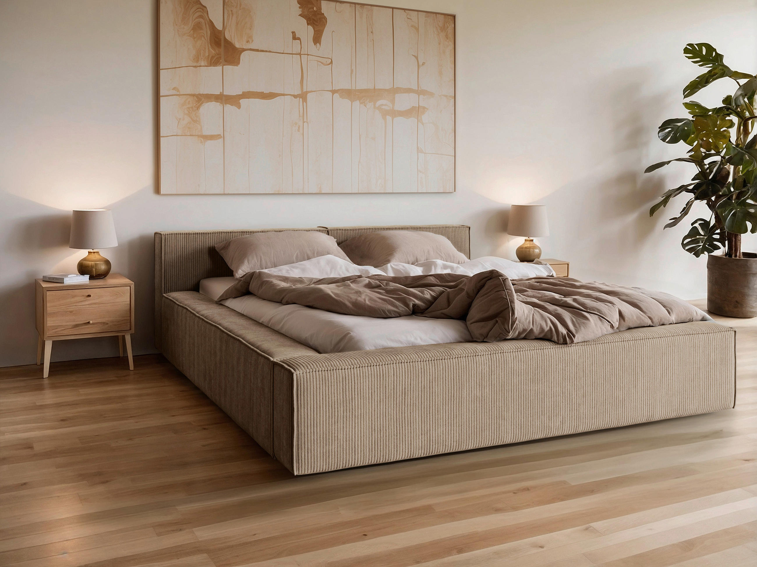 POLSTERBETT 140/200 cm,  in Hellbraun, Lattenrost, Bettkasten,  - Hellbraun/Schwarz, Basics, Holz/Kunststoff (140/200cm) - Livetastic