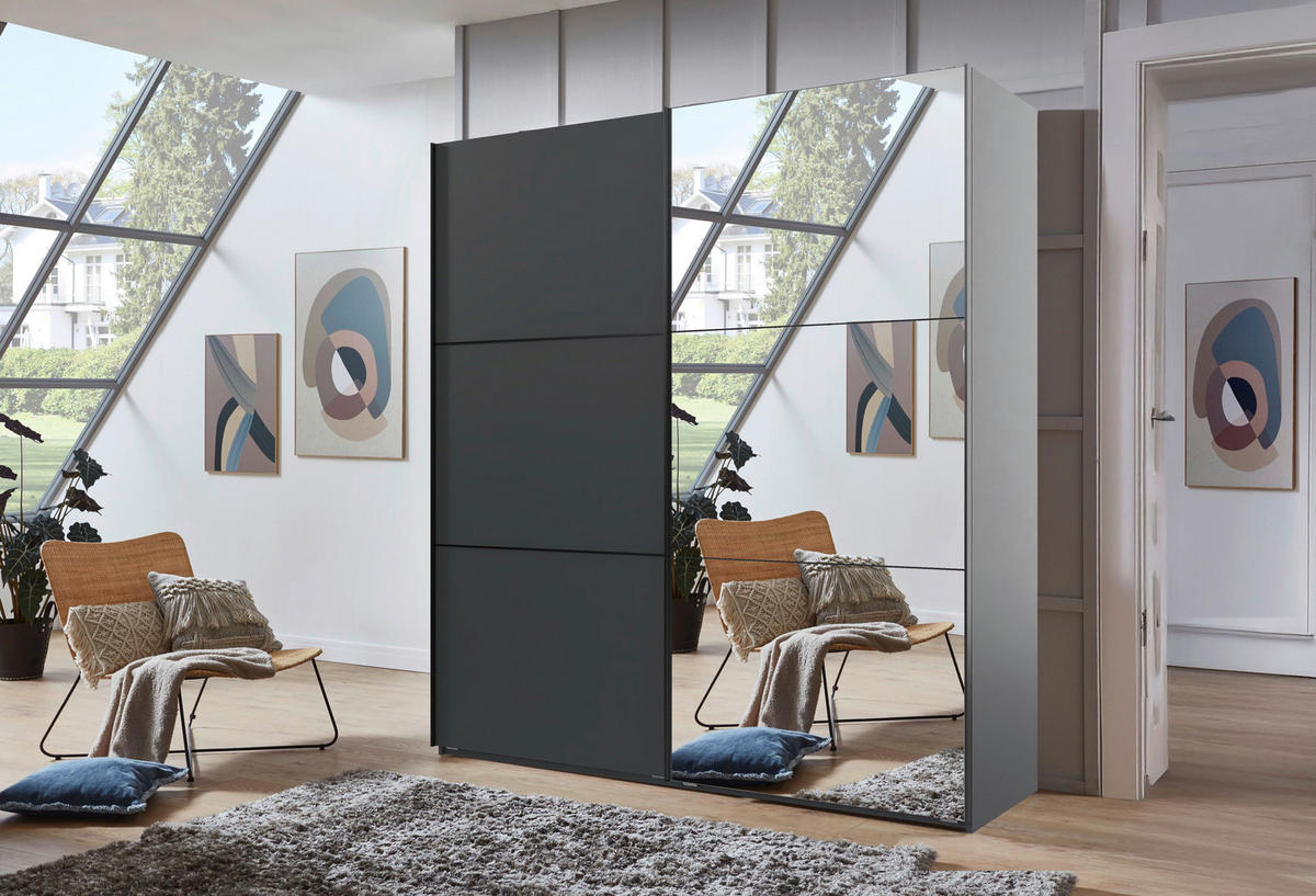 SCHWEBETÜRENSCHRANK 200/216/65 cm 2-türig Graphitfarben, Schwarz  - Schwarz/Graphitfarben, KONVENTIONELL, Glas/Holzwerkstoff (200/216/65cm) - Stylife