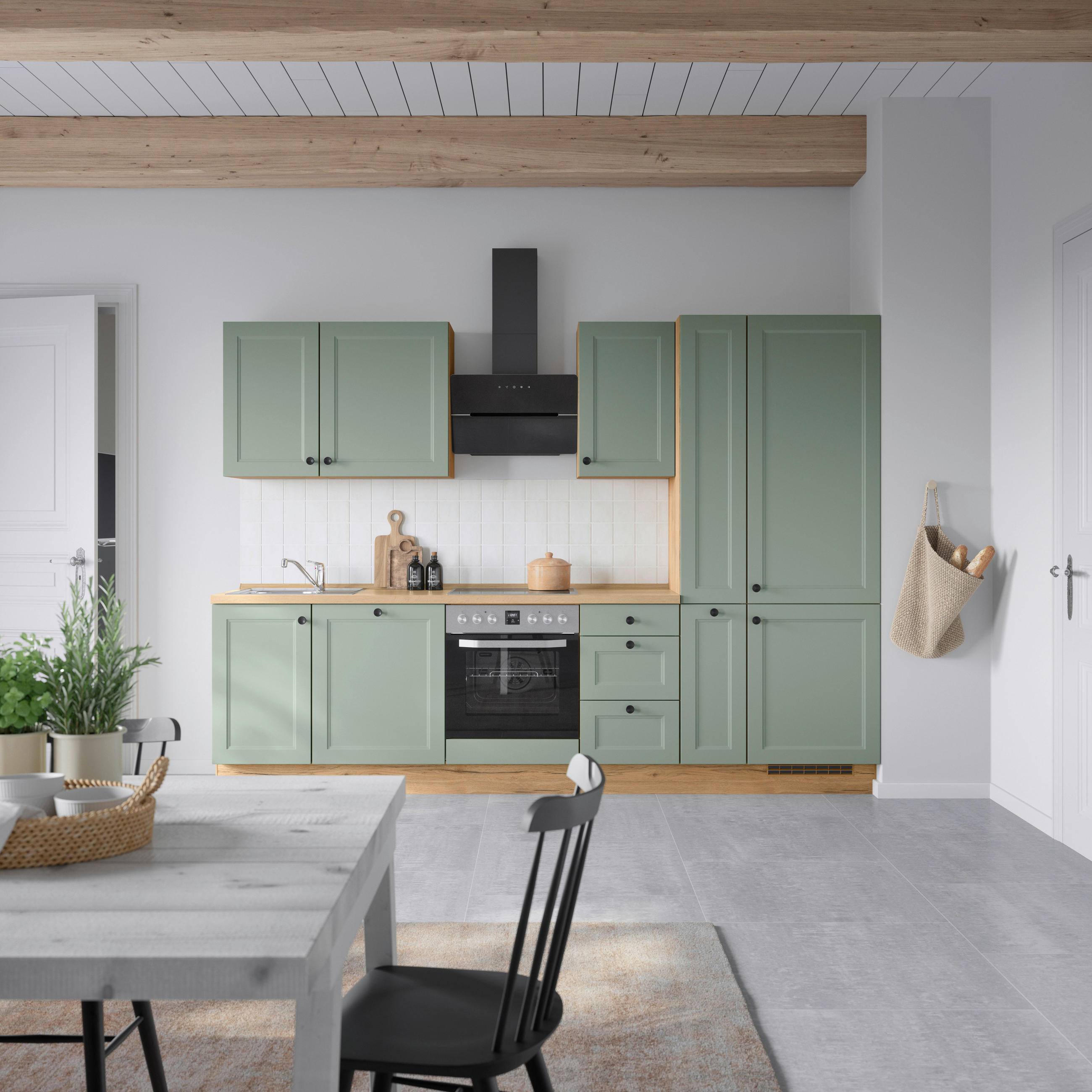 KÜCHENBLOCK 300 cm   in Eichefarben, Schilfgrün  - Schilfgrün/Eichefarben, MODERN, Holzwerkstoff/Metall (300cm) - Nobilia