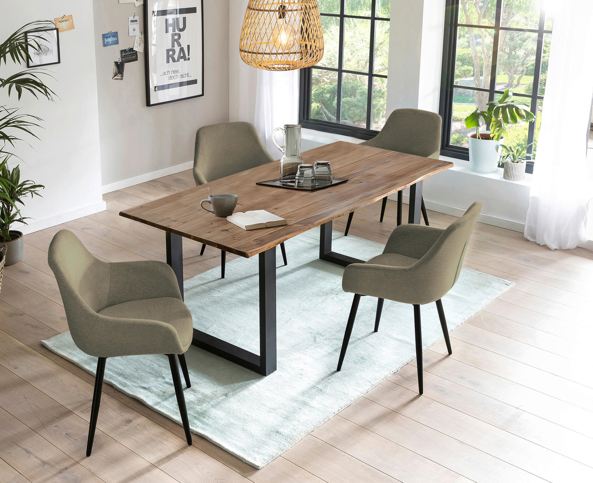 TISCHGRUPPE in Holz, Metall, Textil Grün, Walnussfarben  - Walnussfarben/Grün, MODERN, Holz/Textil (160/90/75cm) - Livetastic