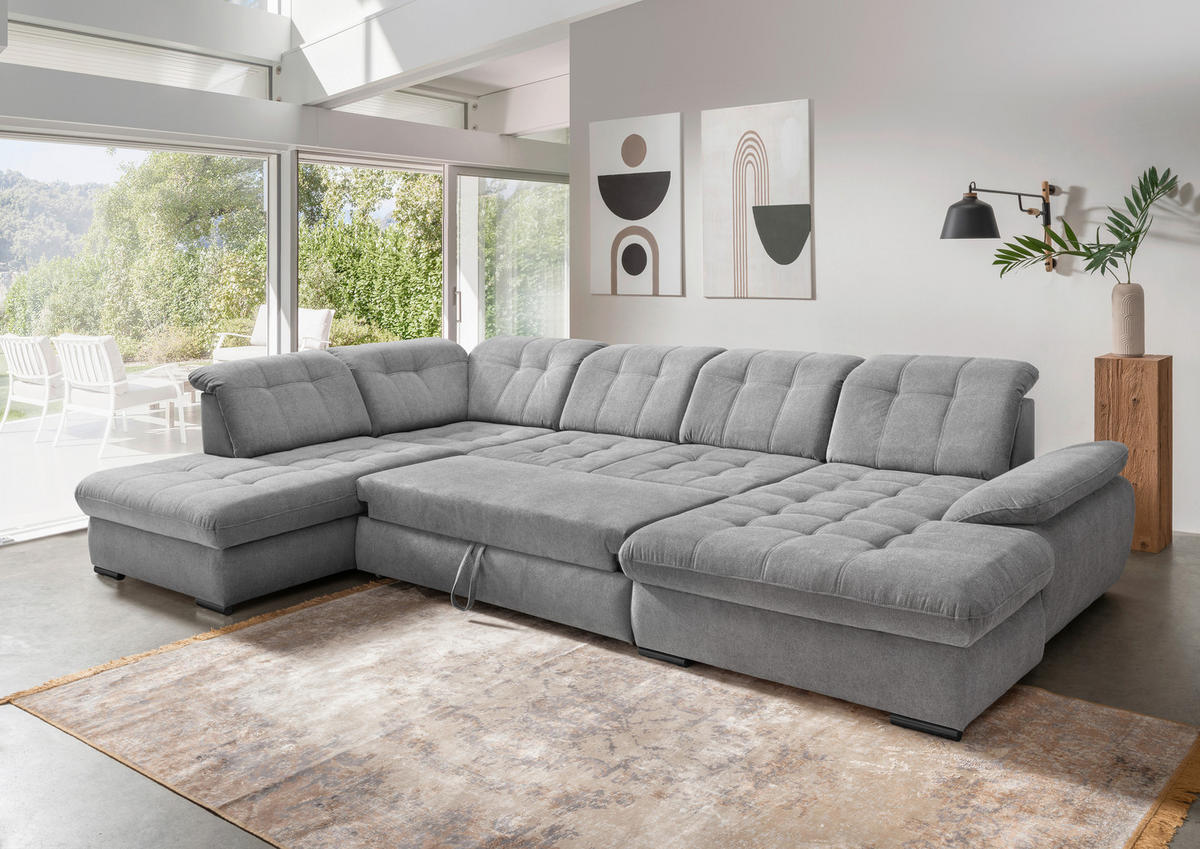 WOHNLANDSCHAFT in Chenille Silberfarben  - Silberfarben/Schwarz, Modern, Textil/Metall (252/387/184cm) - Livetastic