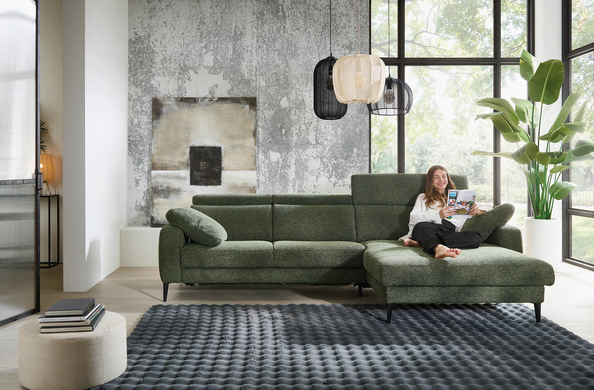 ECKSOFA Grün Chenille  - Schwarz/Grün, KONVENTIONELL, Textil/Metall (300/177cm) - Valdera