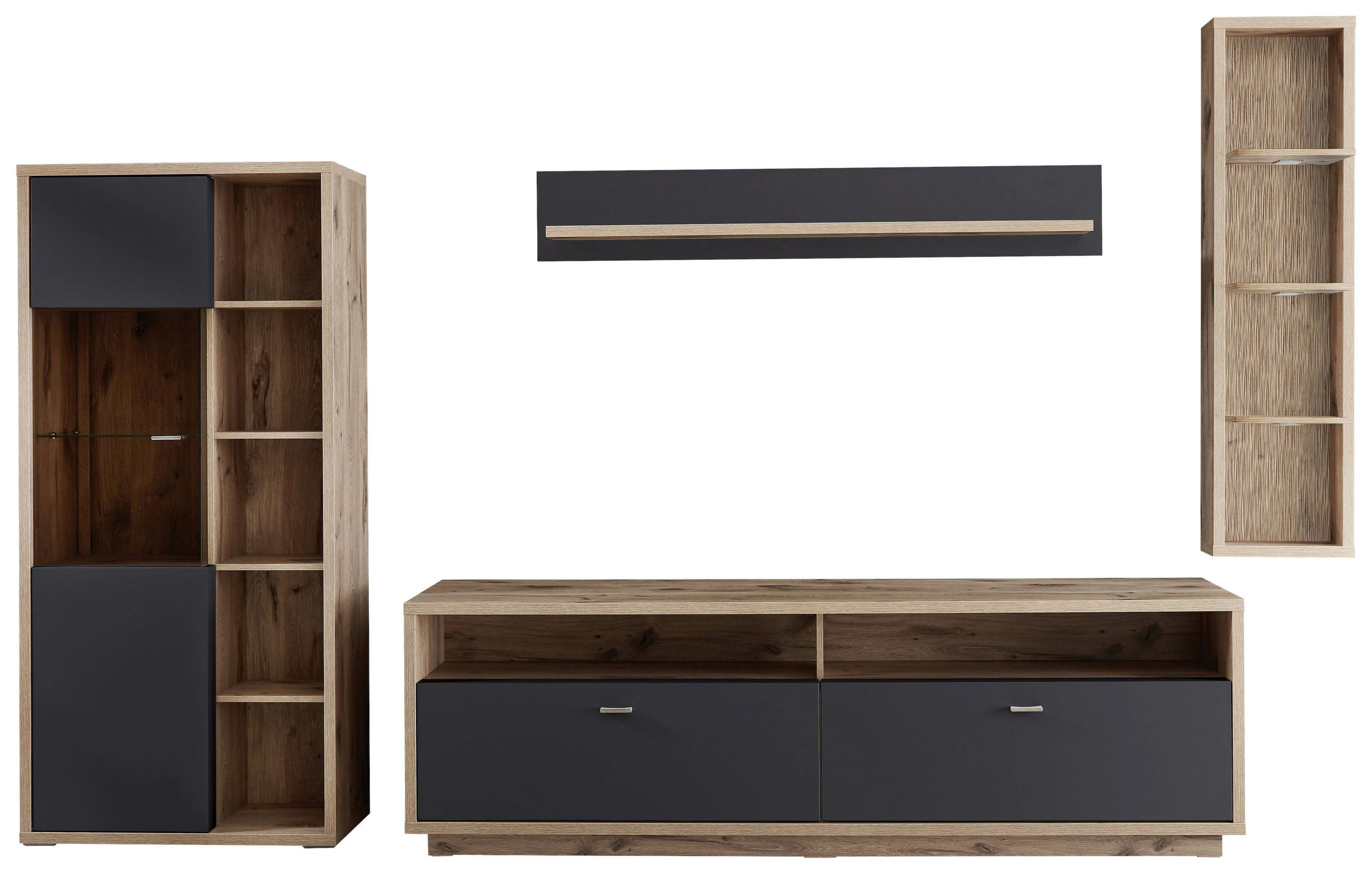 WOHNWAND Eichefarben, Dunkelgrau Einlegeböden - Eichefarben/Dunkelgrau, Design, Glas/Holzwerkstoff (329/206/50cm) - Stylife