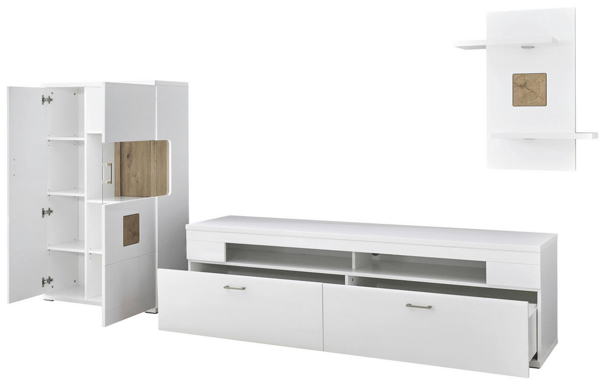 WOHNWAND  in Weiß, Eichefarben, Weiß Hochglanz  317,1/171/50,2 cm  - Eichefarben/Weiß Hochglanz, Design, Glas/Holzwerkstoff (317,1/171/50,2cm) - Xora