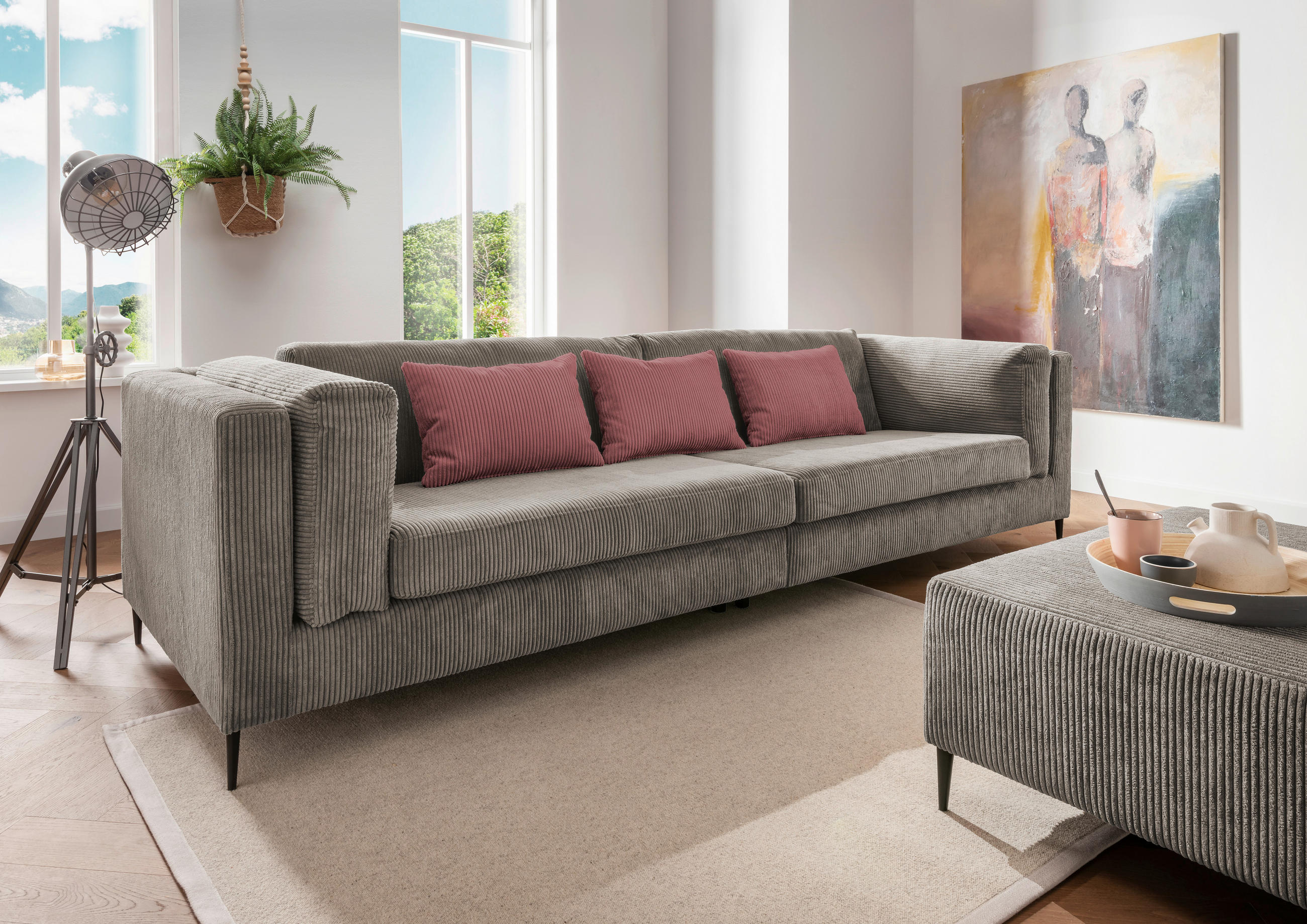 VIERSITZER-SOFA Cord Braun, Grau  - Koralle/Schwarz, Design, Textil/Metall (306/83/113cm) - Livetastic