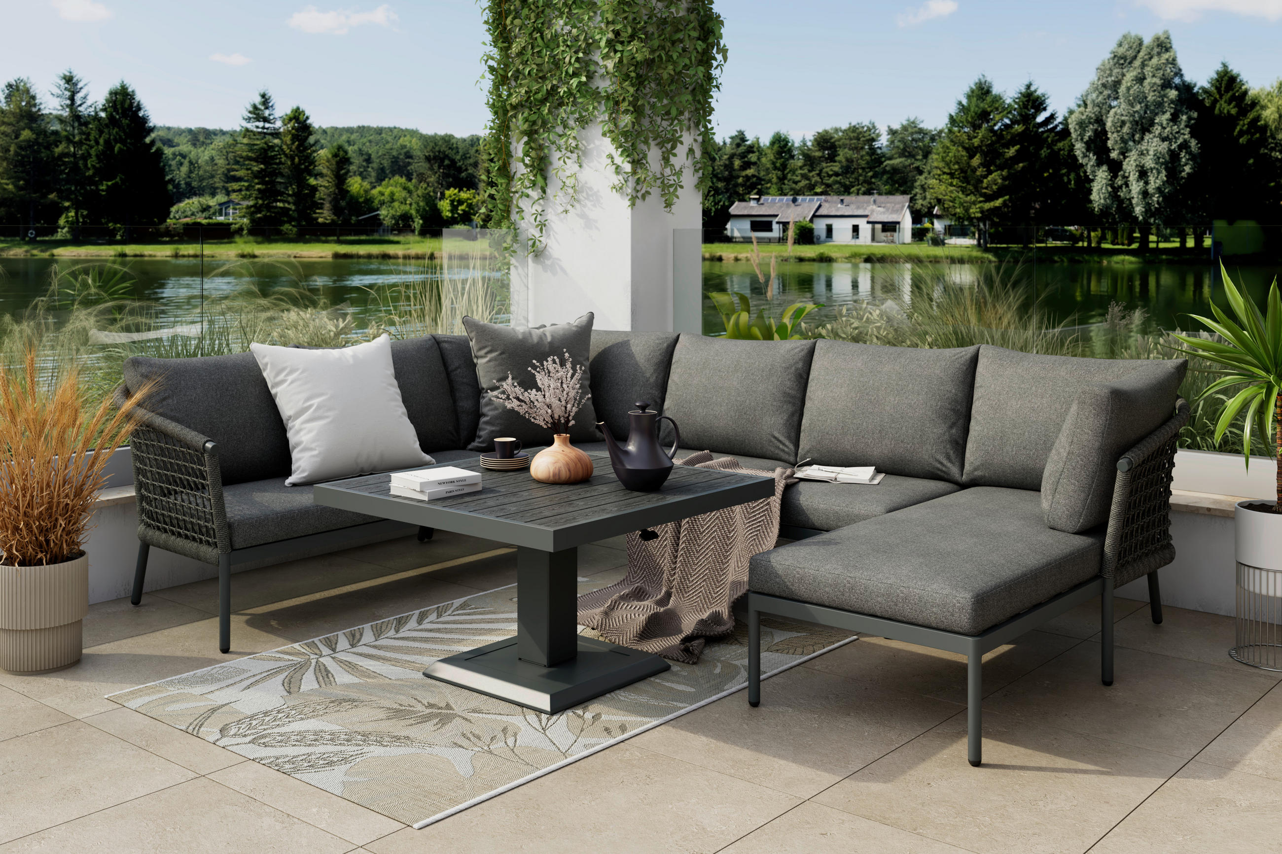 LOUNGE GARNITÚRA 5 részes    - sötétszürke, Design, műanyag/textil (237/194/226cm) - Ambia Garden