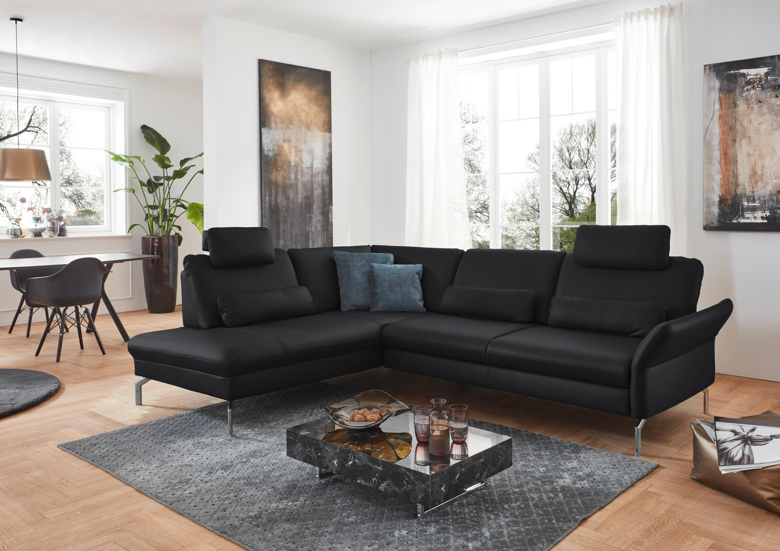 ECKSOFA in Echtleder Anthrazit  220/284 cm  - Anthrazit/Alufarben, KONVENTIONELL, Leder/Metall (220/284cm) - Beldomo Premium