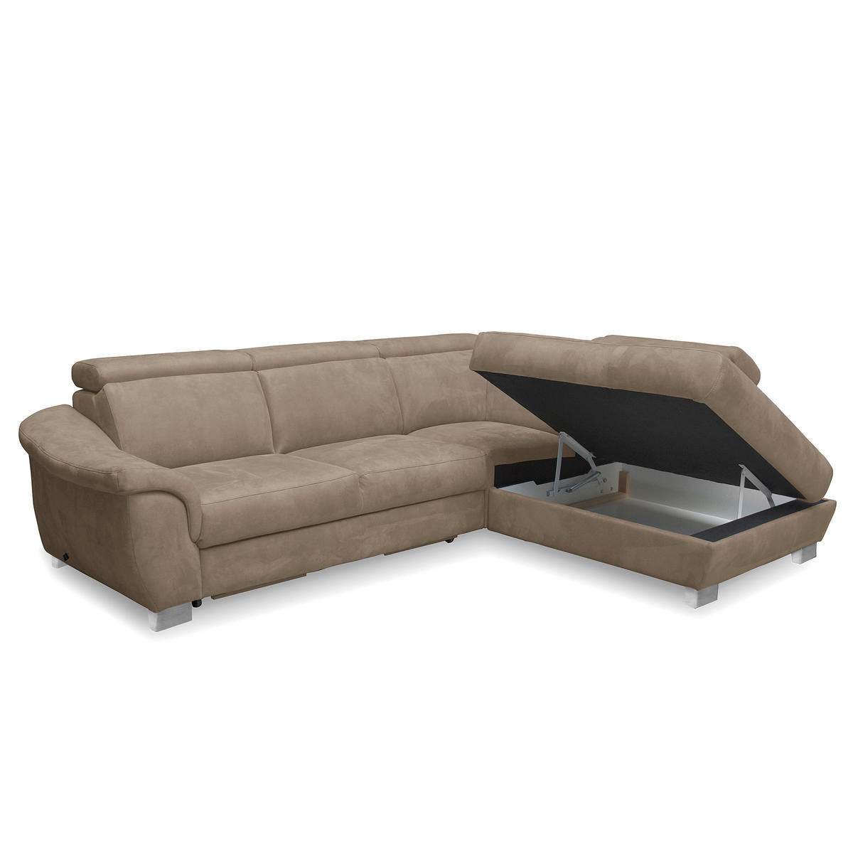ECKSOFA Taupe Mikrofaser Rücken echt, Relaxfunktion, Kopfteilverstellung  - Taupe/Chromfarben, Design, Textil/Metall (276/238cm) - Livetastic