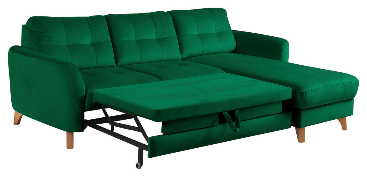 ECKSOFA Dunkelgrün Samt Bettkasten, Schlaffunktion, Liegefläche im Originalstoff  - Dunkelgrün/Buchefarben, Design, Holz/Textil (238/168cm) - Livetastic