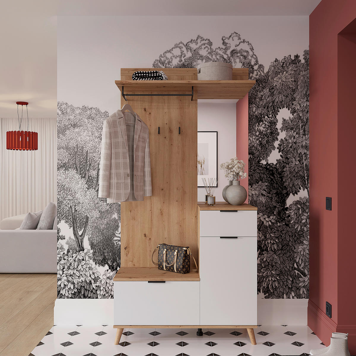 HALLMÖBEL  i 100/202/40 cm  - vit/ek Artisan, Design, trämaterial/glas (100/202/40cm) - home24