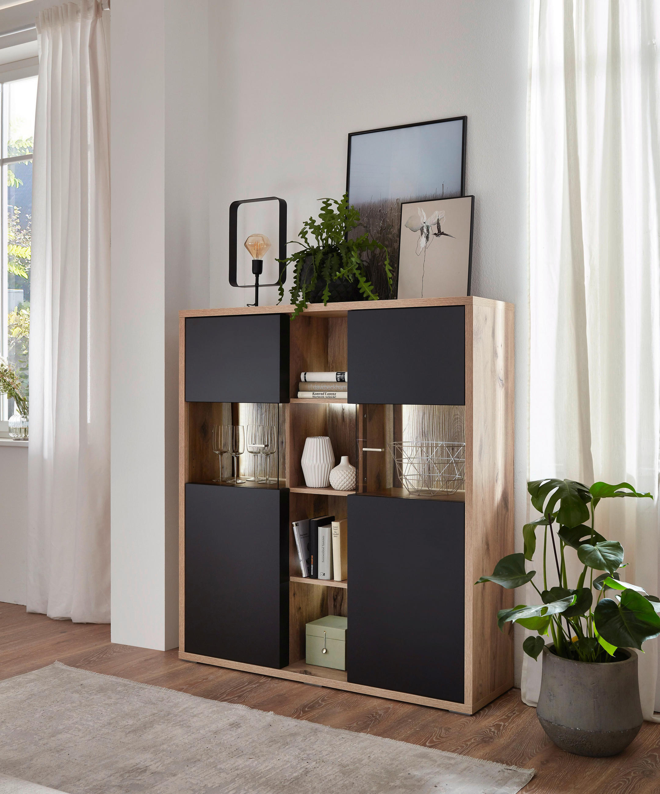 HIGHBOARD Grau, Eichefarben Einlegeböden - Eichefarben/Grau, Design, Glas/Holzwerkstoff (126/139/37cm) - Stylife
