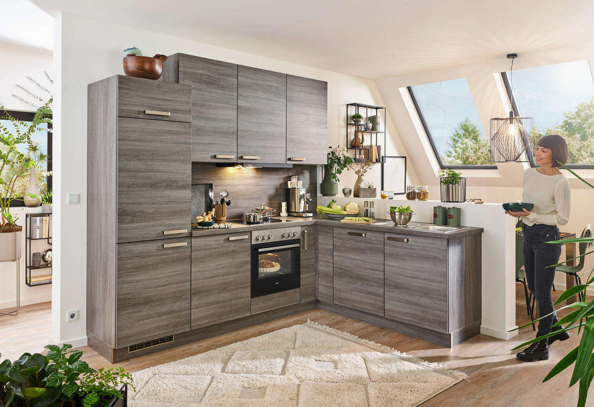 ECKKÜCHE 260/200 cm  in Eichefarben  - Edelstahlfarben/Eichefarben, Design, Holzwerkstoff/Metall (260/200cm) - Welnova