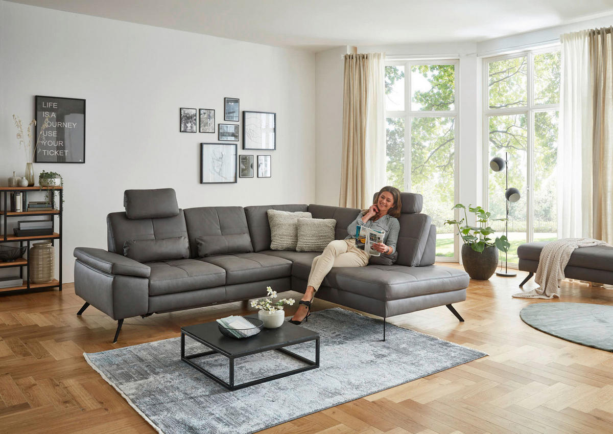 ECKSOFA in Lederlook, Mikrofaser Dunkelgrau  - Dunkelgrau/Schwarz, Design, Textil/Metall (261/220cm) - Beldomo System