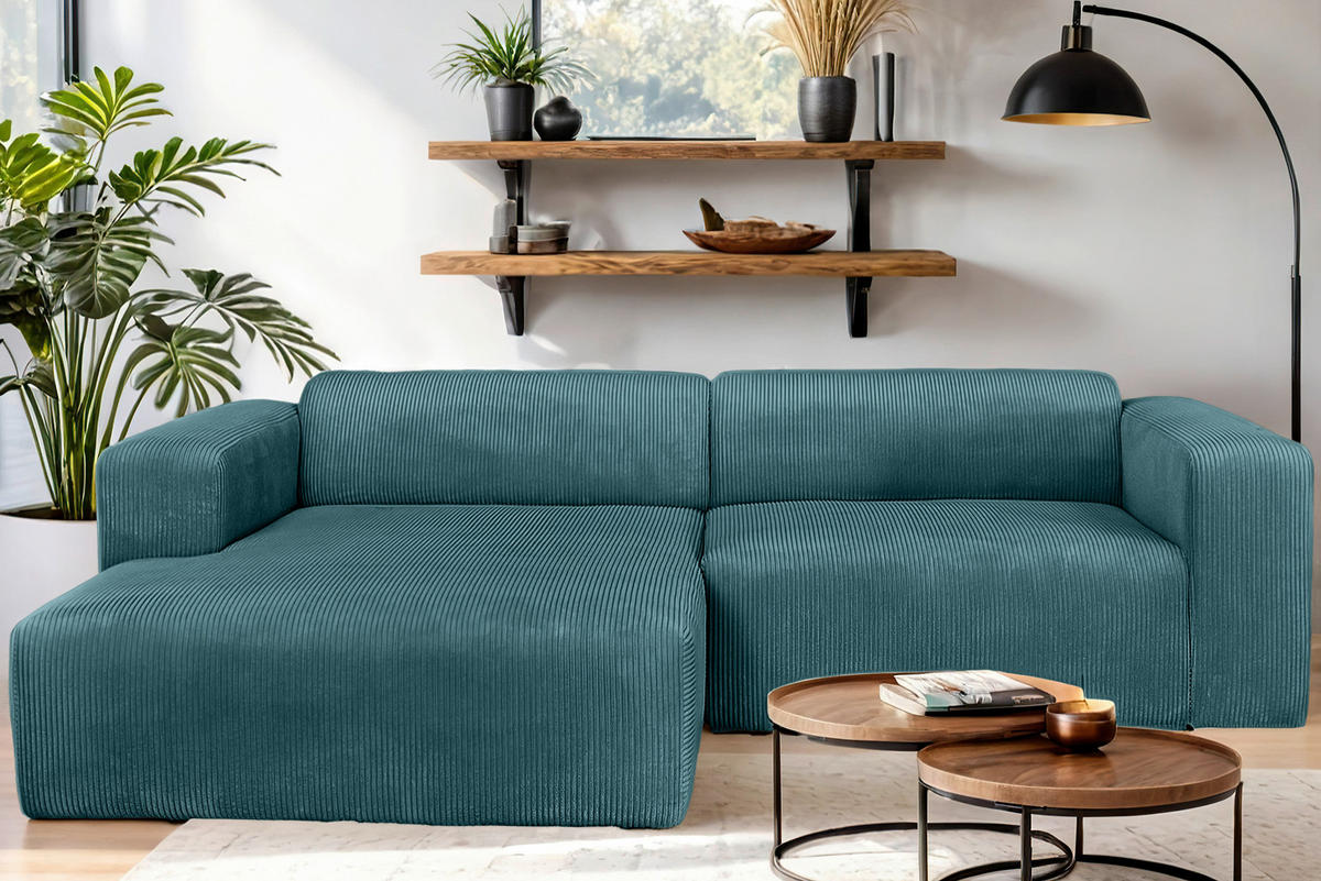ECKSOFA BASMA in Cord Petrol  175/298 cm  - Petrol/Schwarz, Design, Kunststoff/Textil (175/298cm) - P & B