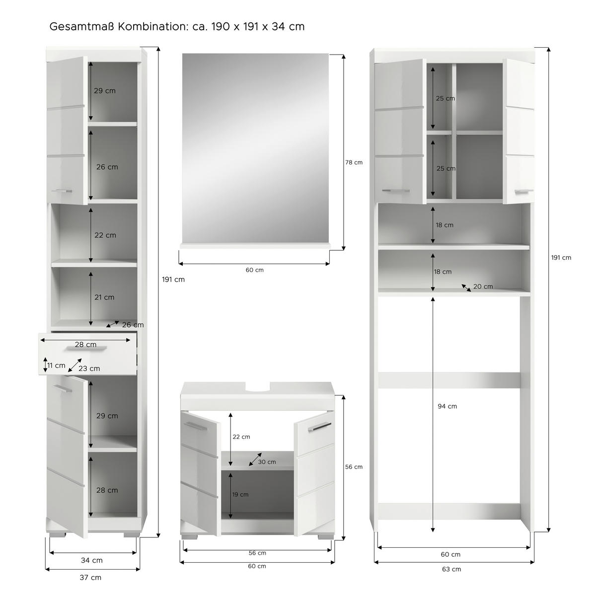BADEZIMMER 4-teilig  in 160 cm  - Weiß Hochglanz/Silberfarben, MODERN, Glas/Holzwerkstoff (160cm) - MID.YOU