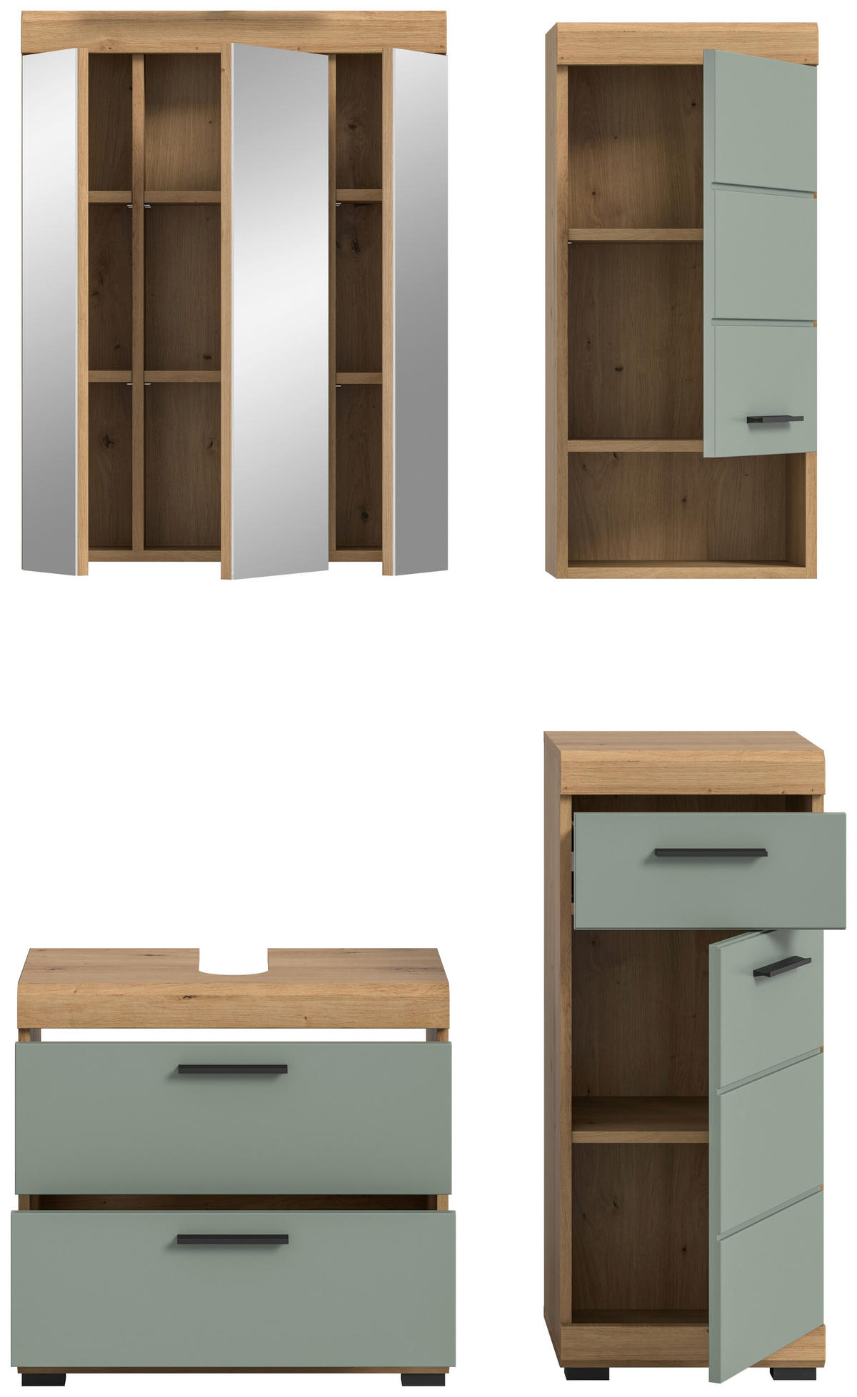BADEZIMMER 4-teilig  in 97 cm  - Salbeigrün/Schwarz, Modern, Glas/Holzwerkstoff (97cm) - MID.YOU