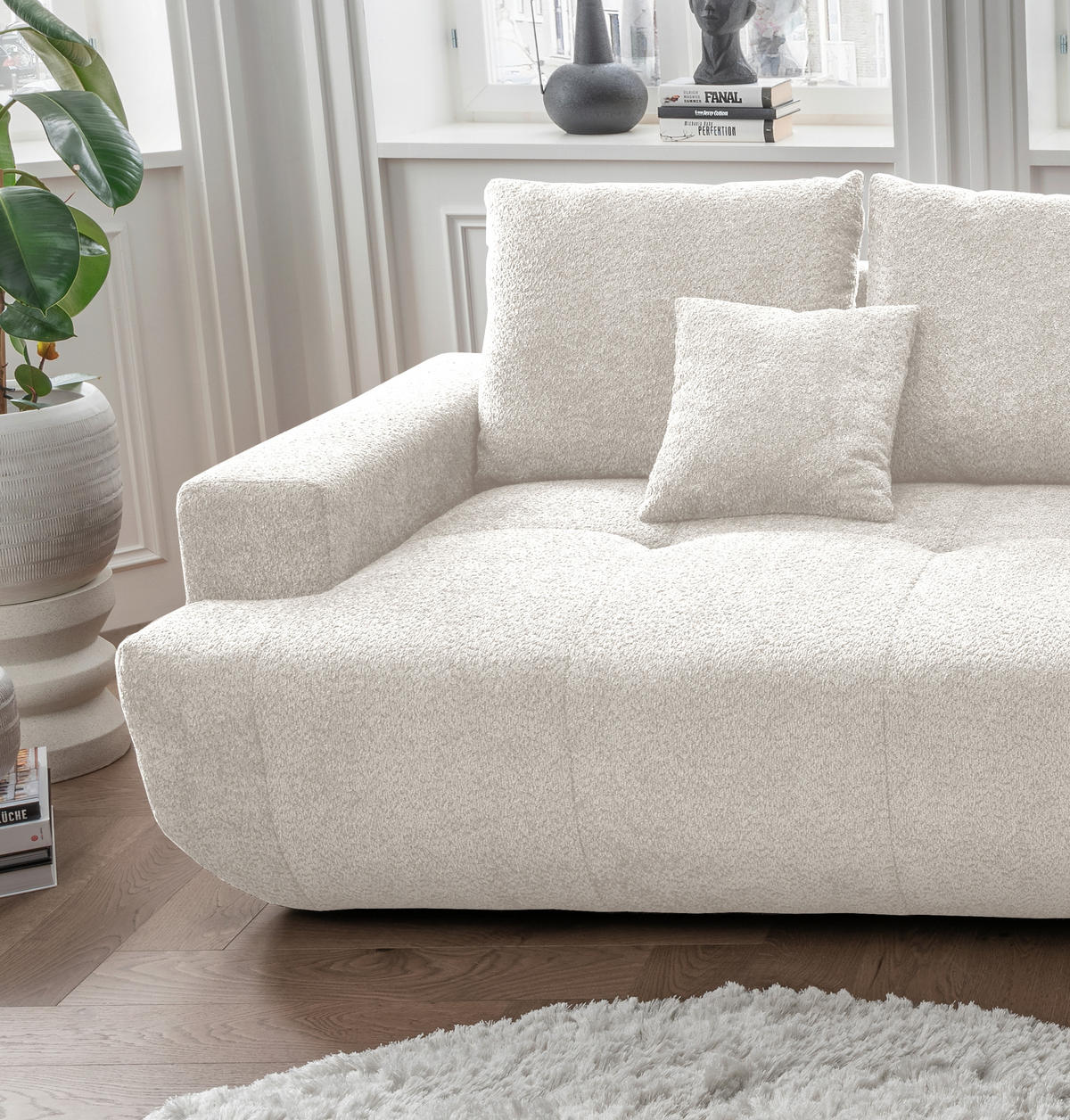 BIGSOFA in Bouclé Weiss  - Weiss/Schwarz, Modern, Kunststoff/Textil (323/91/155cm) - Livetastic